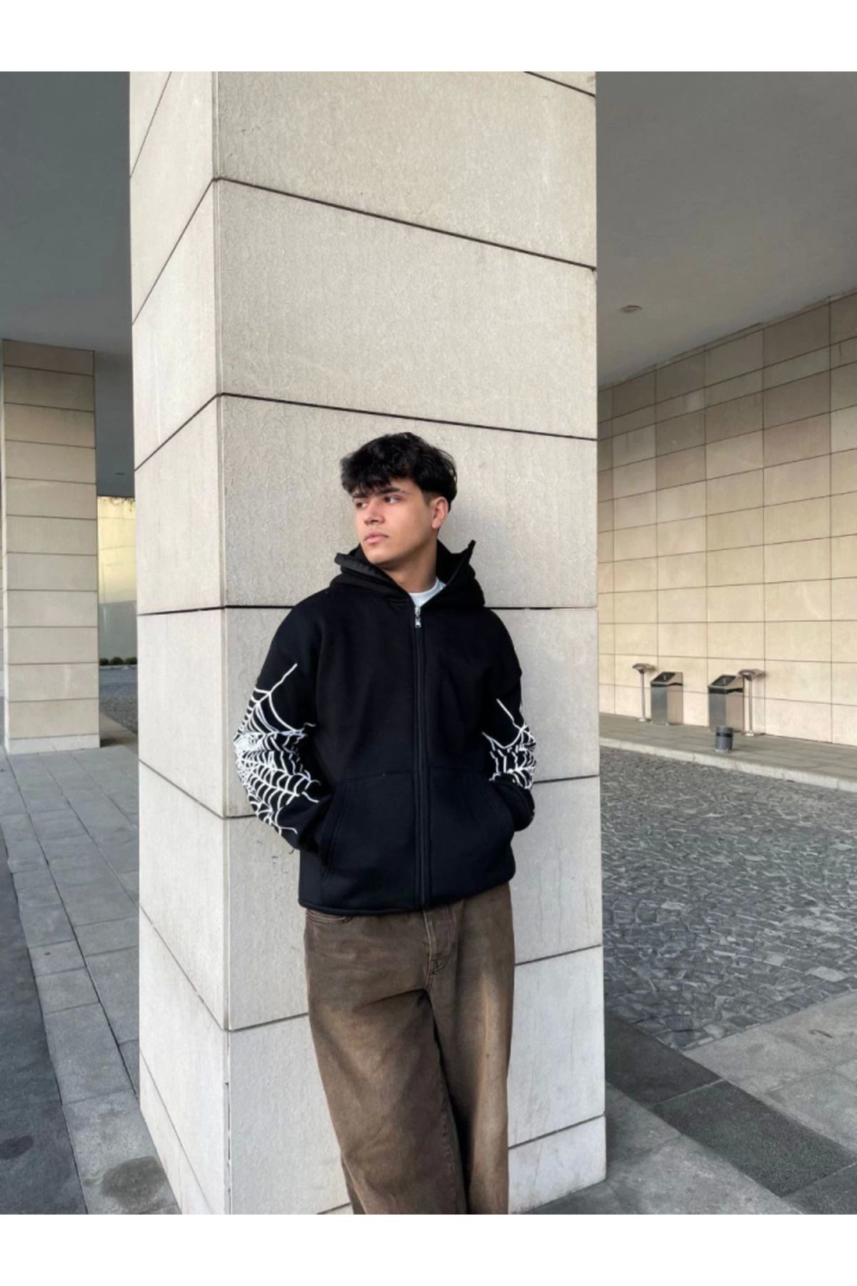 Samuray Kapşonlu ZIP Fermuarlı Kapşonlu SweatShirt - Siyah