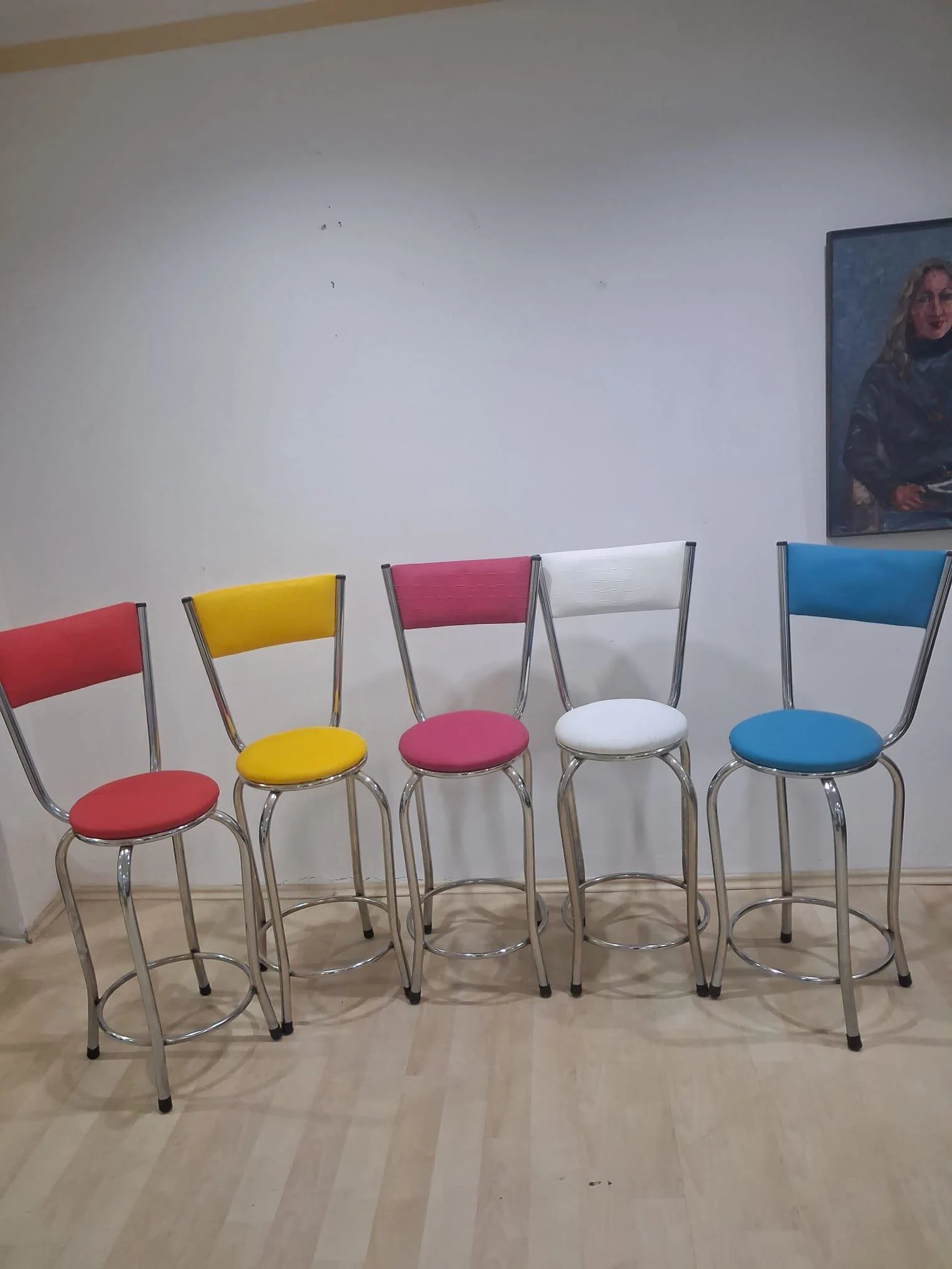 Sandalye 90678 Yüksek Bar Tabure Renkli 5 Adet Metal Çelik Nikela