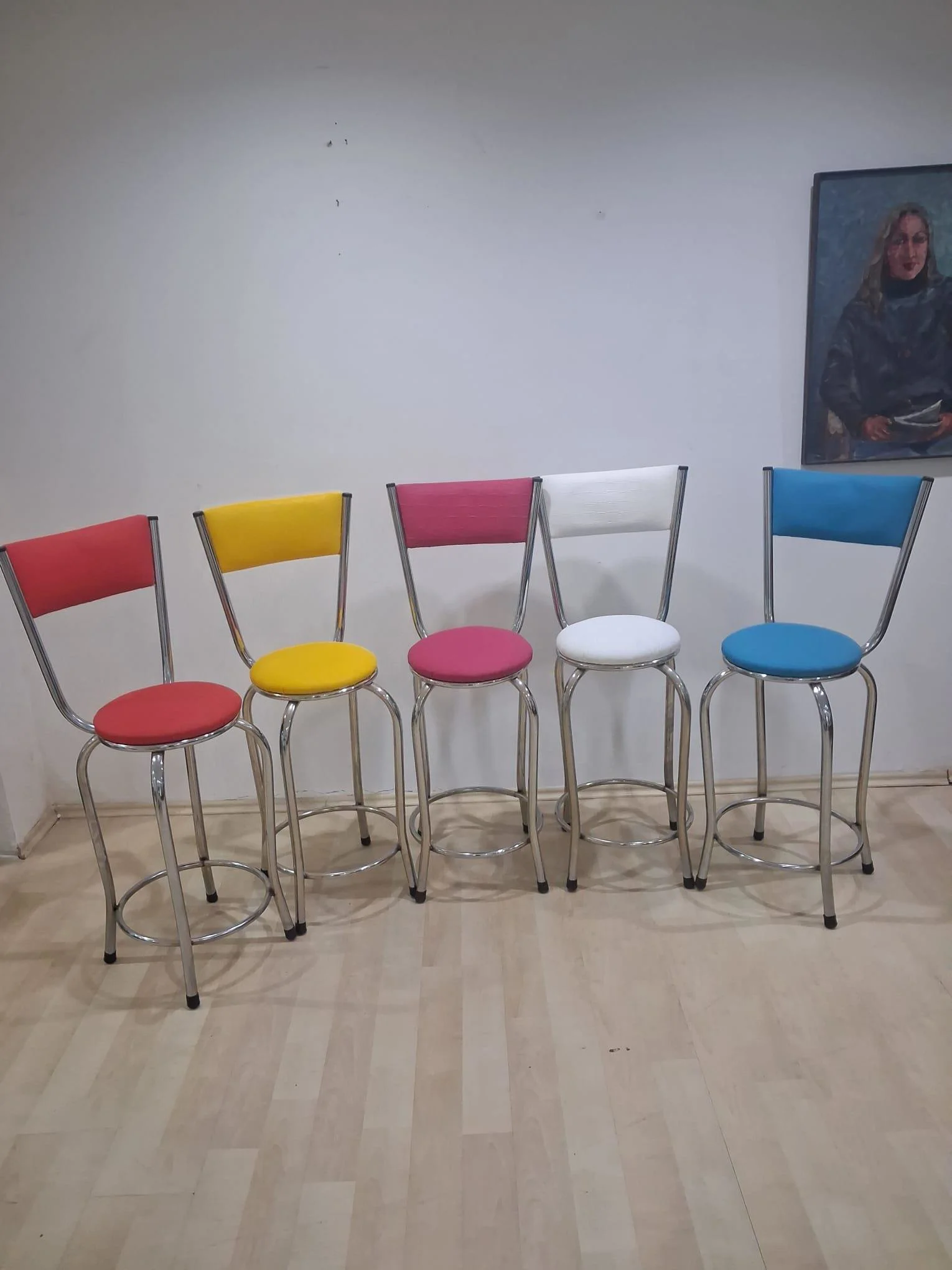 Sandalye 90678 Yüksek Bar Tabure Renkli 5 Adet Metal Çelik Nikela