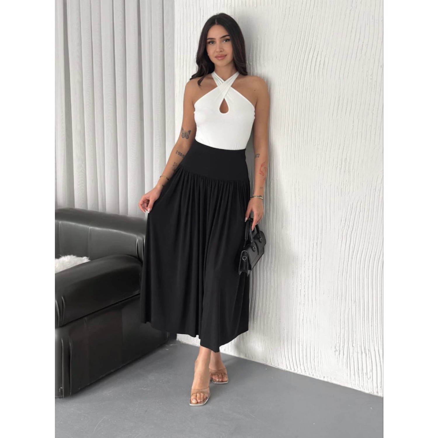 Sandy Uzun Yüksel Bel Etek - Siyah