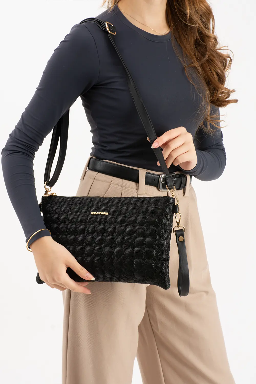 Sanmorris Kadın Suni Deri Siyah Mozaik Desen Ayarlanabilir Çapraz