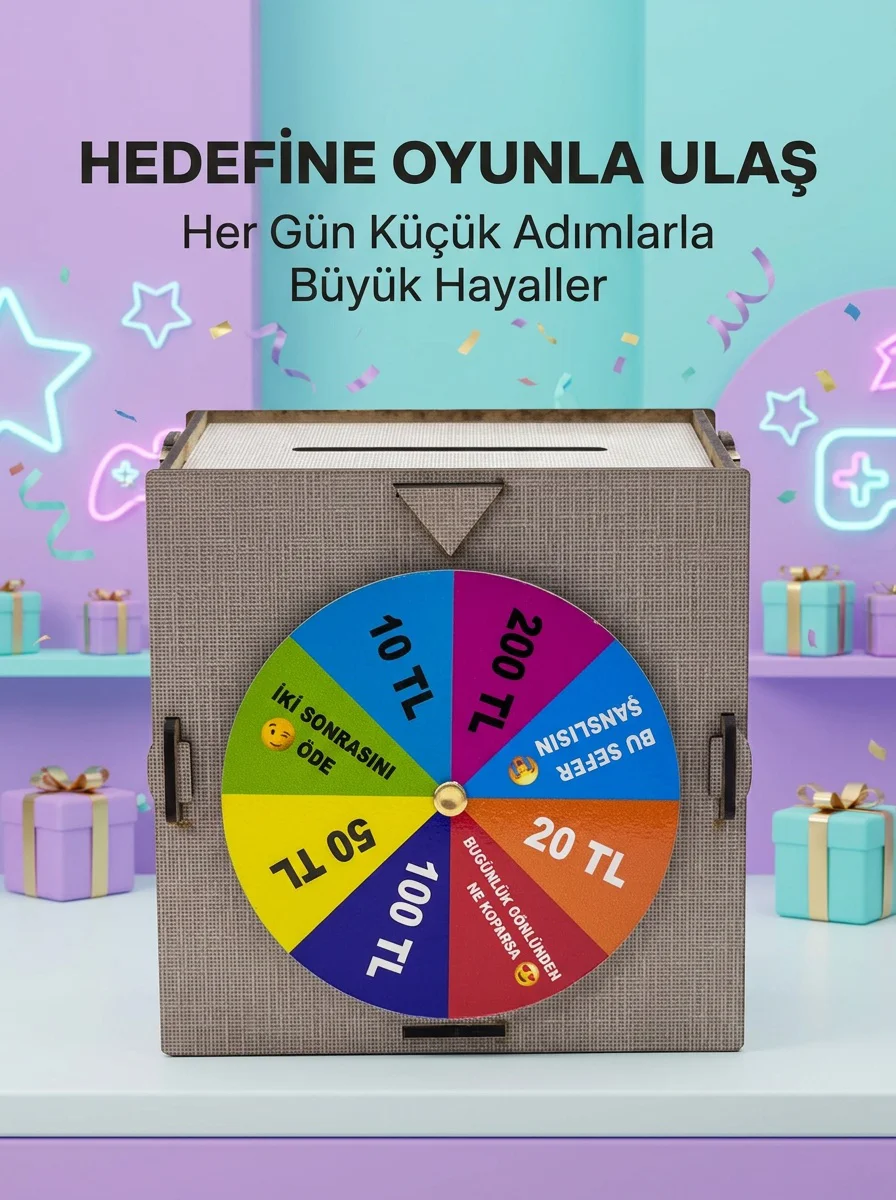 Şans Çarklı Hediyelik Tasarruf Kutusu Eğlenceli Para Biriktirme Oyun Dekoratif Ahşap Kumbara - Lisinya