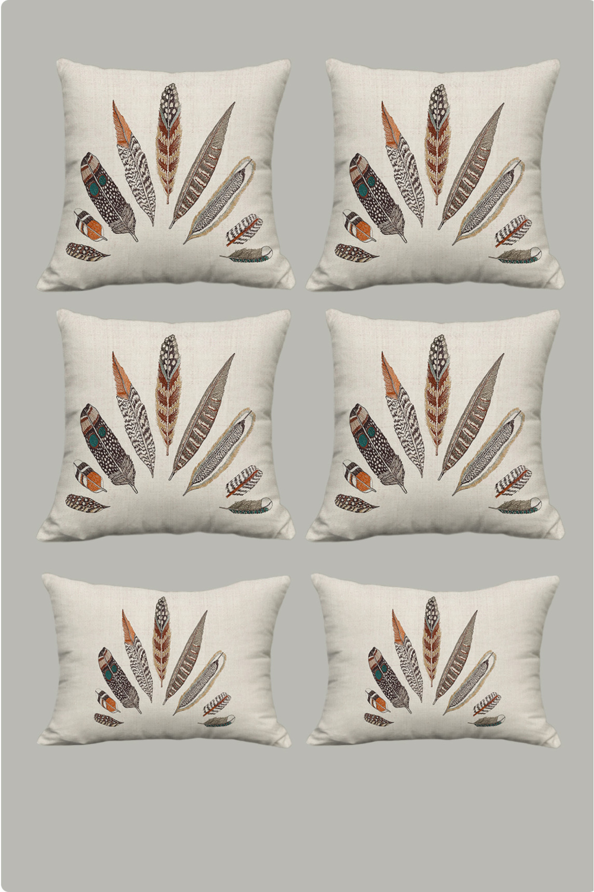 Şans Tüyü Desenli Bej Zemin Dekoratif Hediyelik Kadife 6lı Yastık