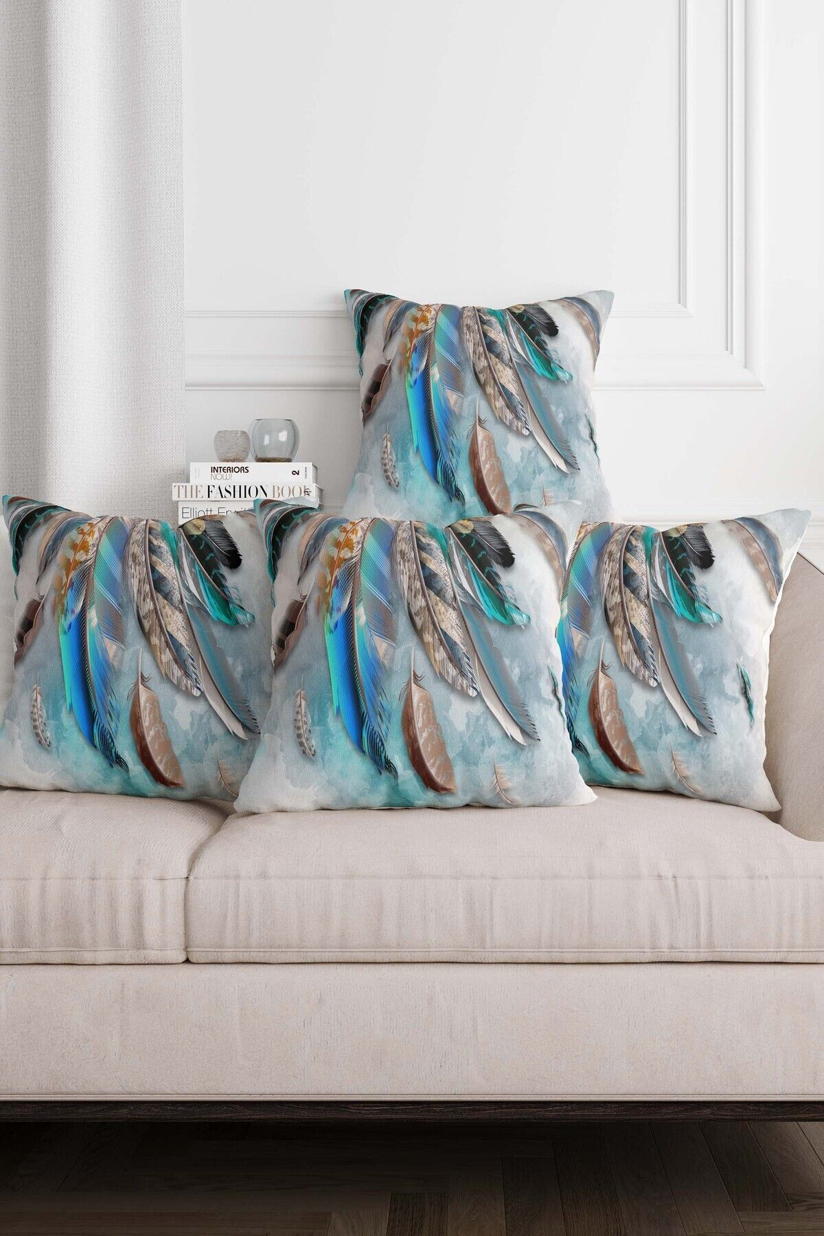 Şans Tüyü Mavi Renkli Desenli Hediyelik Kadife 4lü Kırlent Kılıfı