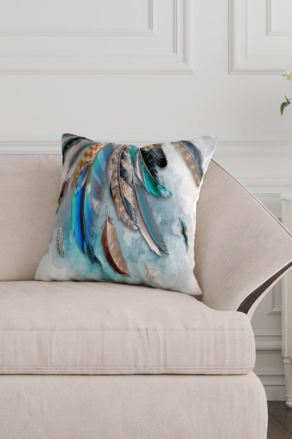 Şans Tüyü Mavi Renkli Desenli Hediyelik Kadife 4lü Kırlent Kılıfı