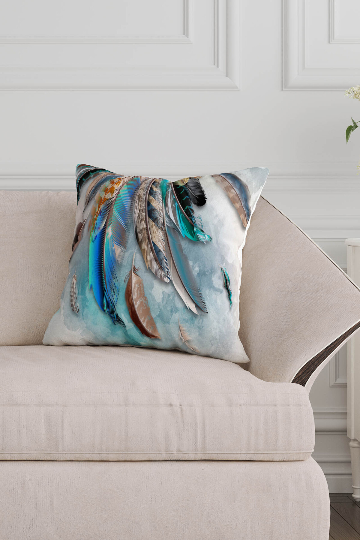 Şans Tüyü Mavi Renkli Desenli Hediyelik Kadife Kırlent Kılıfı