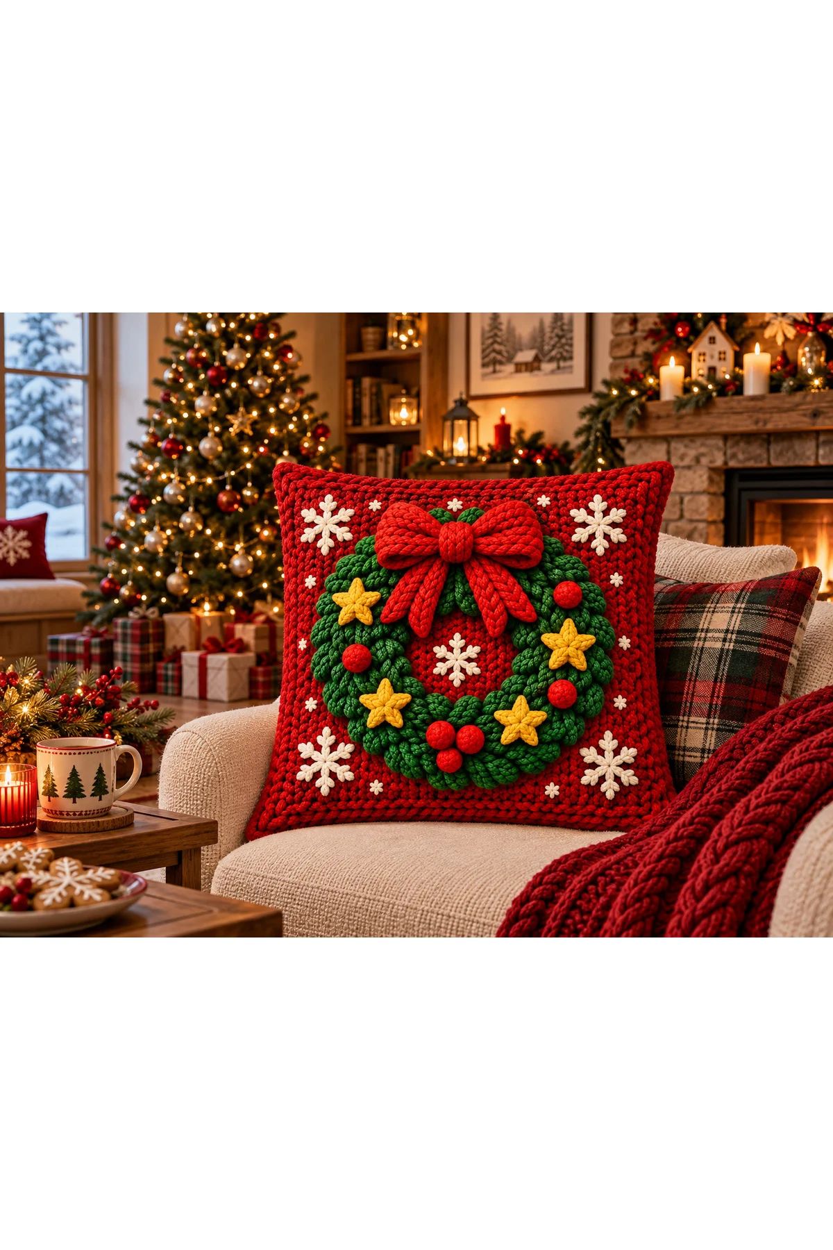 Santa Wreath Yılbaşı Noel Baba ve Yılbaşı Çelengi Desenli Kırmızı Yeşil 3D Örgü Görünümlü 2’li Dekoratif Kırlent Kılıfı Seti –