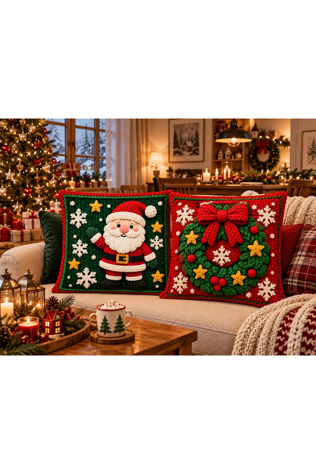 Santa Wreath Yılbaşı Noel Baba ve Yılbaşı Çelengi Desenli Kırmızı Yeşil 3D Örgü Görünümlü 2’li Dekoratif Kırlent Kılıfı Seti –