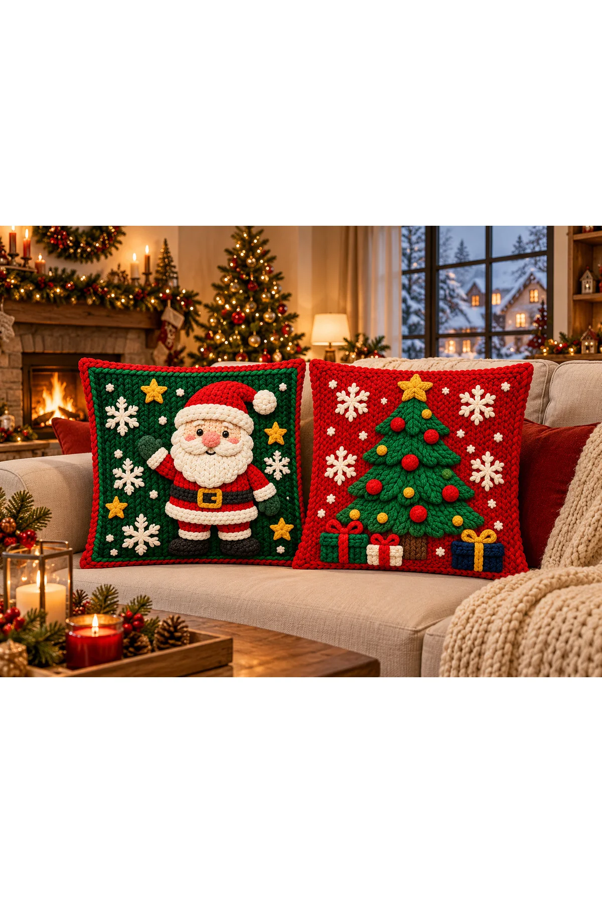 Santa’s Forest Yılbaşı Noel Baba ve Çam Ağacı Desenli Kırmızı Yeşil 3D Örgü Görünümlü Dekoratif 2’li Kırlent Kılıfı Seti