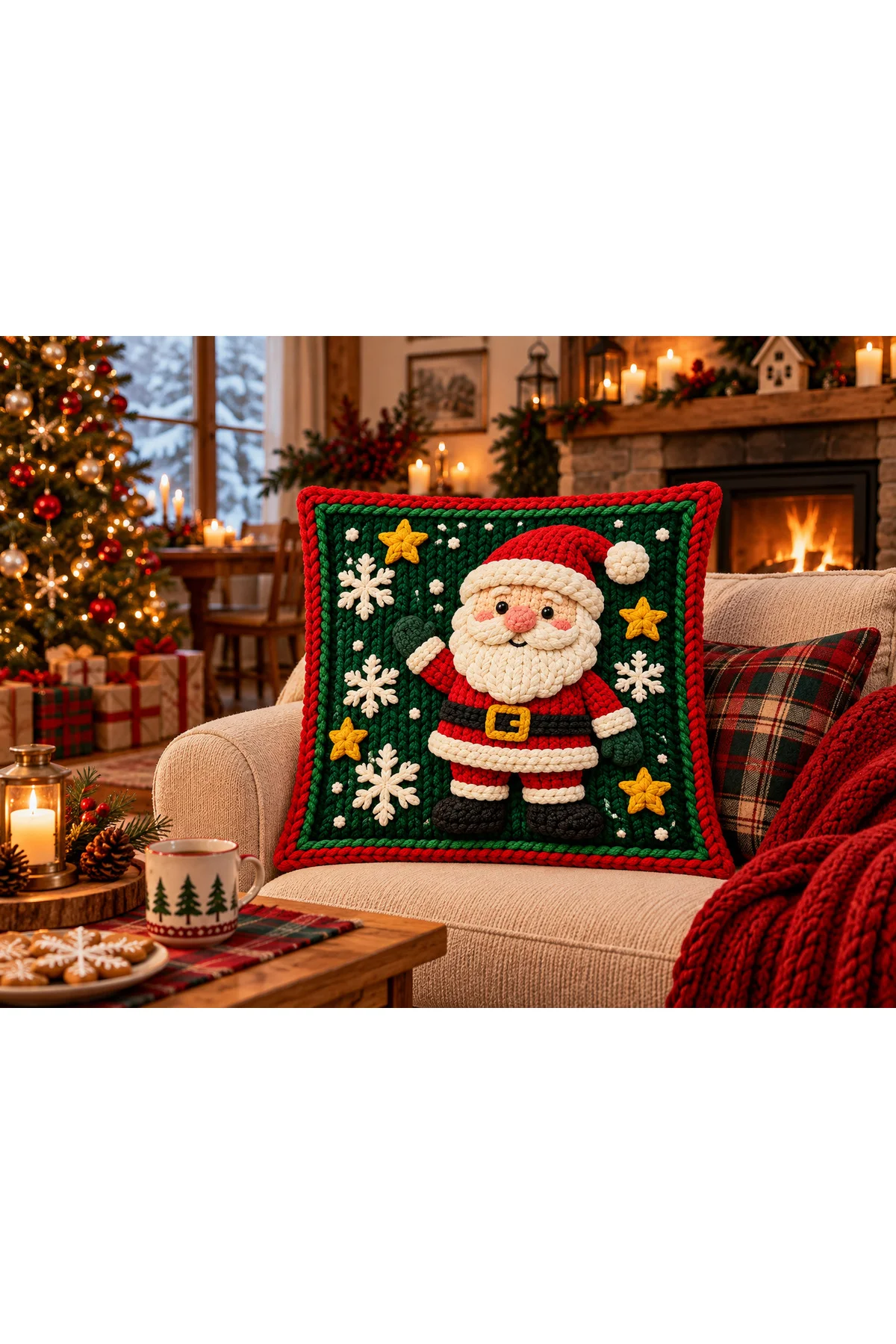 Santa’s Forest Yılbaşı Noel Baba ve Çam Ağacı Desenli Kırmızı Yeşil 3D Örgü Görünümlü Dekoratif 2’li Kırlent Kılıfı Seti