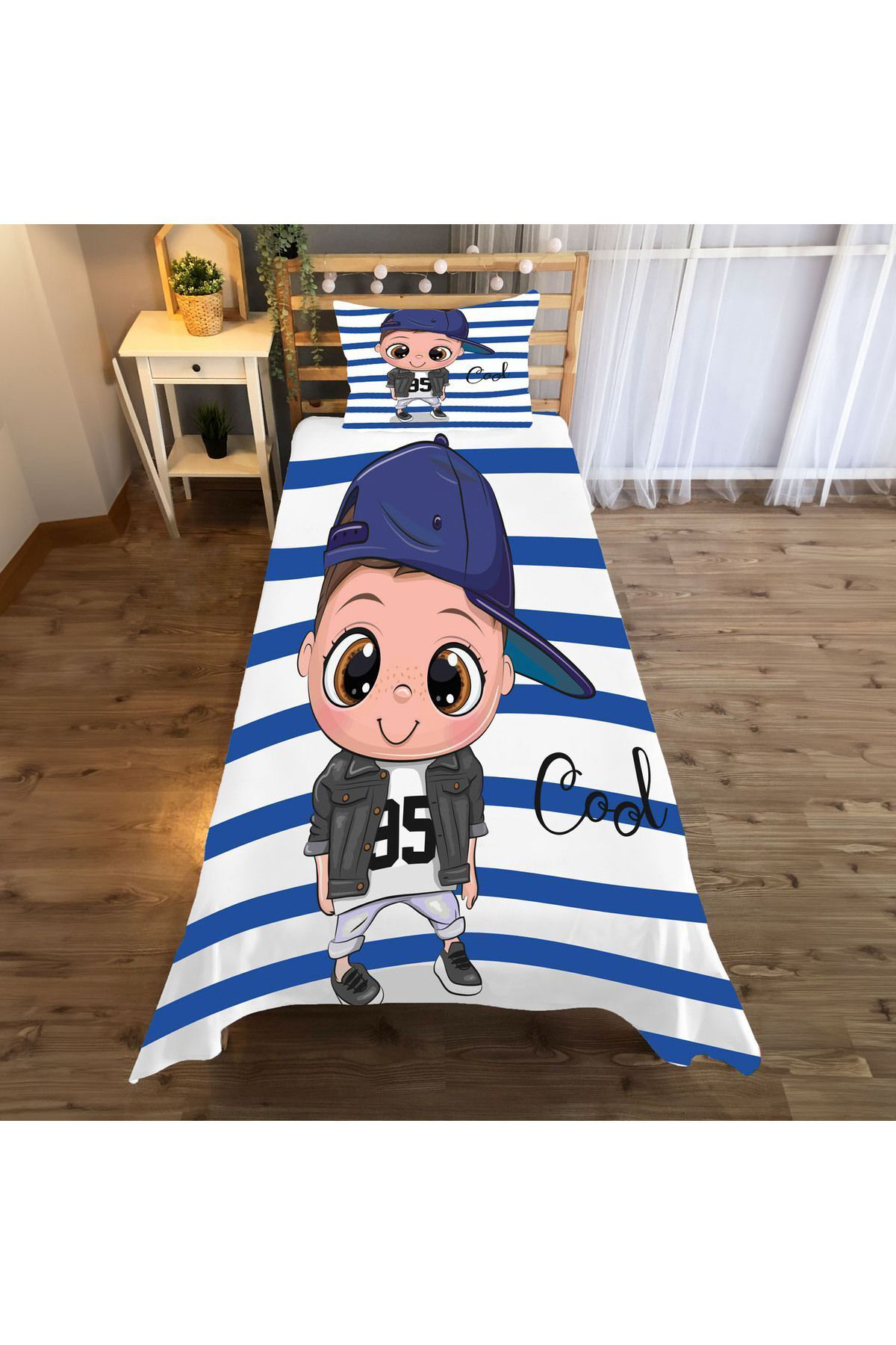 Evan Home Şapkali Çocuğu Desenli Çocuk Odasi Takim Perde (İki Kanat),Yatak Örtüsü,Yastik,Kirlent ,Hali,Tablo