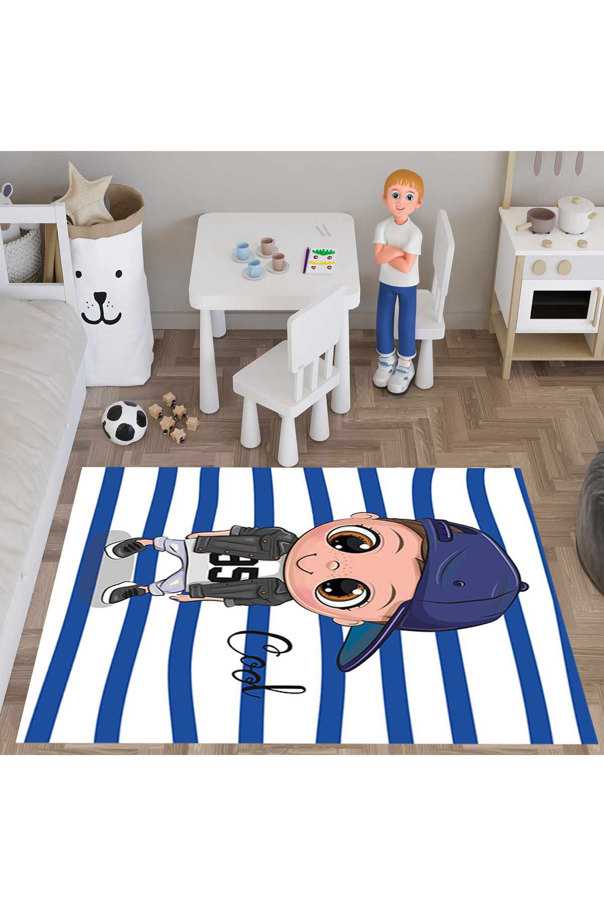 Evan Home Şapkali Çocuğu Esenli  Dijital Baski Yikanabilir Kaymaz Taban Çocuk Odasi Halisi