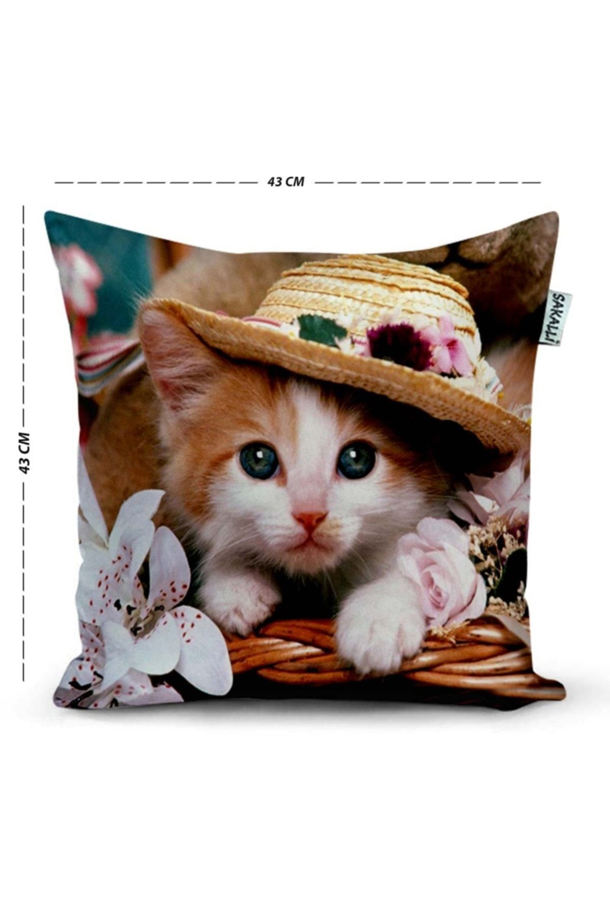 Şapkalı Kedi Desenli 3d Baskılı Dekoratif Kırlent Kılıfı