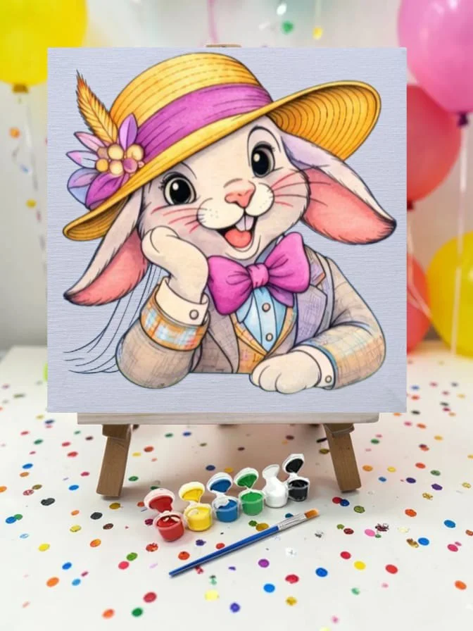 Şapkalı Tavşan Tuval Boyama Aktivite Seti 19x19 Cm (Tuval, Şövale