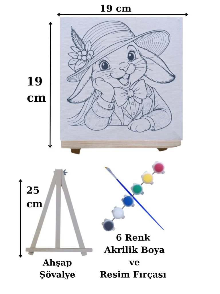 Şapkalı Tavşan Tuval Boyama Aktivite Seti 19x19 Cm (Tuval, Şövale