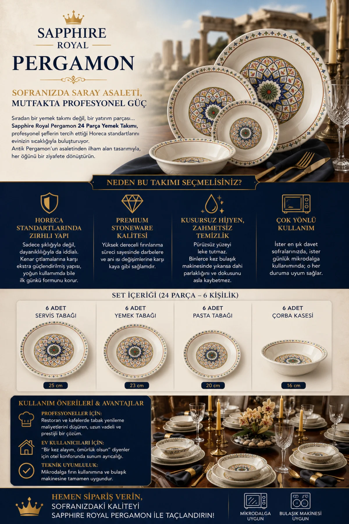Sapphire Royal Beyaz Pergamon 24 Parça 6 Kişilik Yemek Takımı Profesyonel Horeca Serisi Sapphire Royal Beyaz Pergamon 24 Parça 6 Kişilik Yemek Takımı Profesyonel Horeca Serisi
