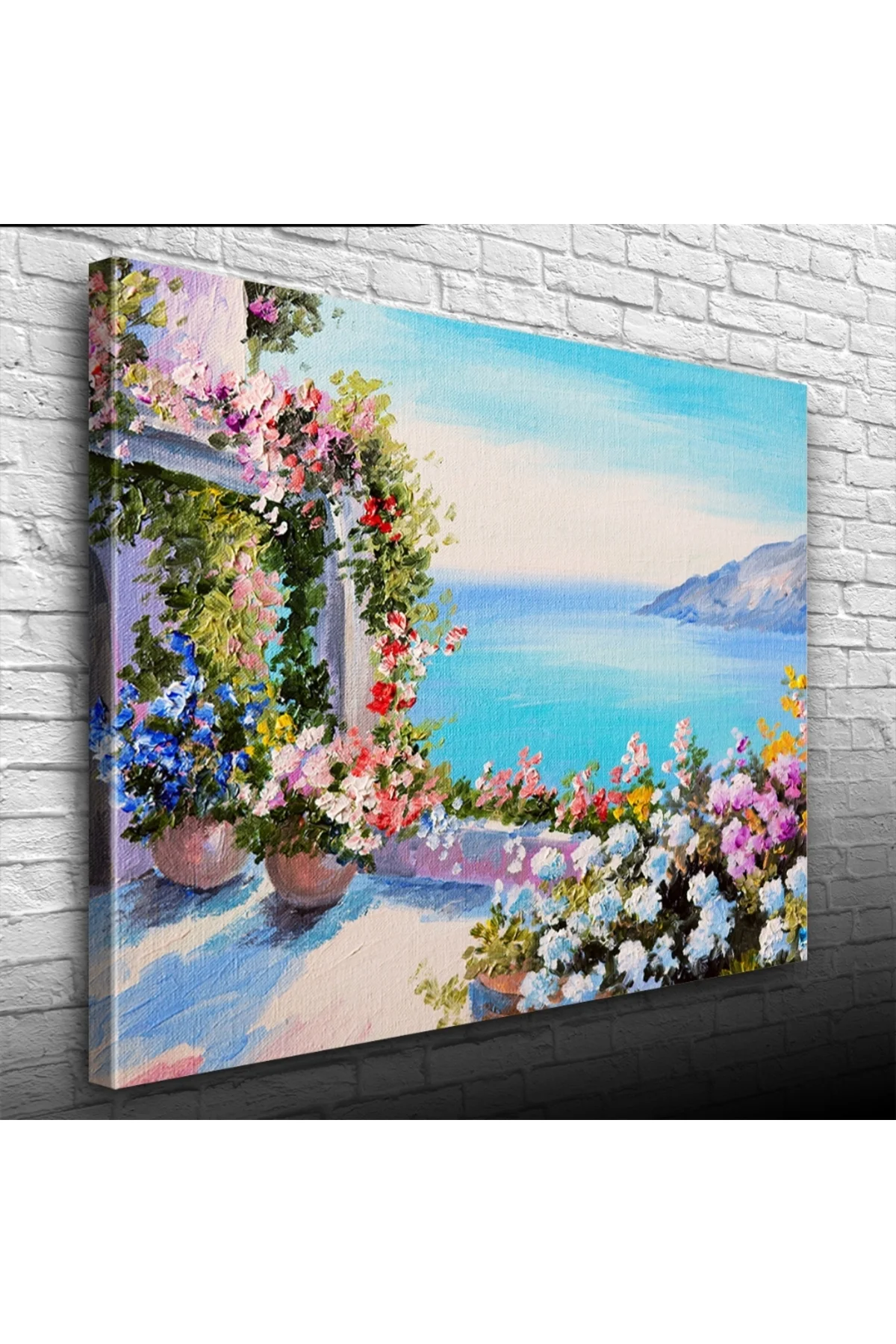 Sardunyalı Balkon ve Deniz Yağlıboya Kanvas Tablo 50 x 70