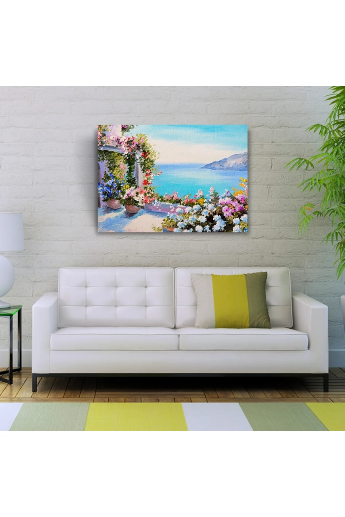 Sardunyalı Balkon ve Deniz Yağlıboya Kanvas Tablo 50 x 70