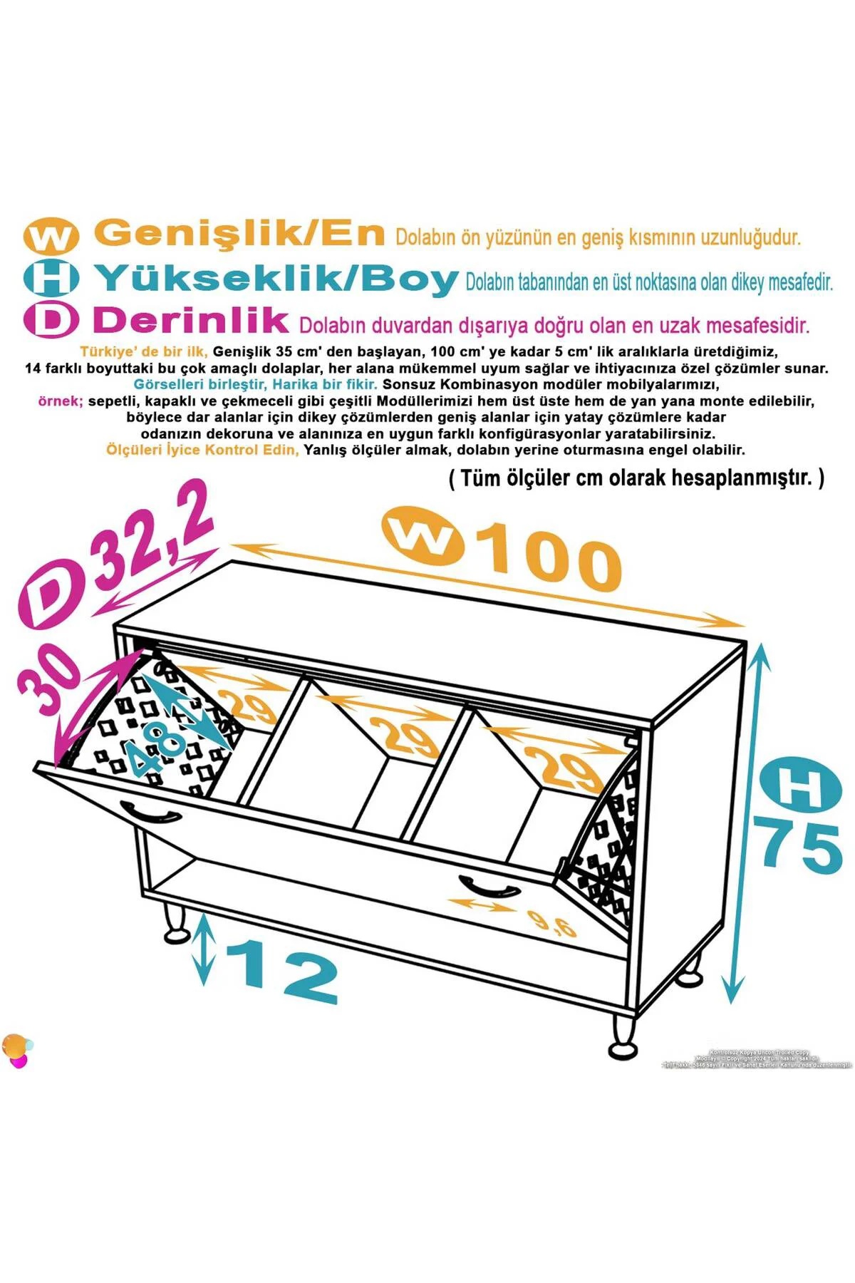 Sare 100 cm Beyaz Sepetli Banyo Dolabı,Mutfak Dolabı 100x75x32,5 