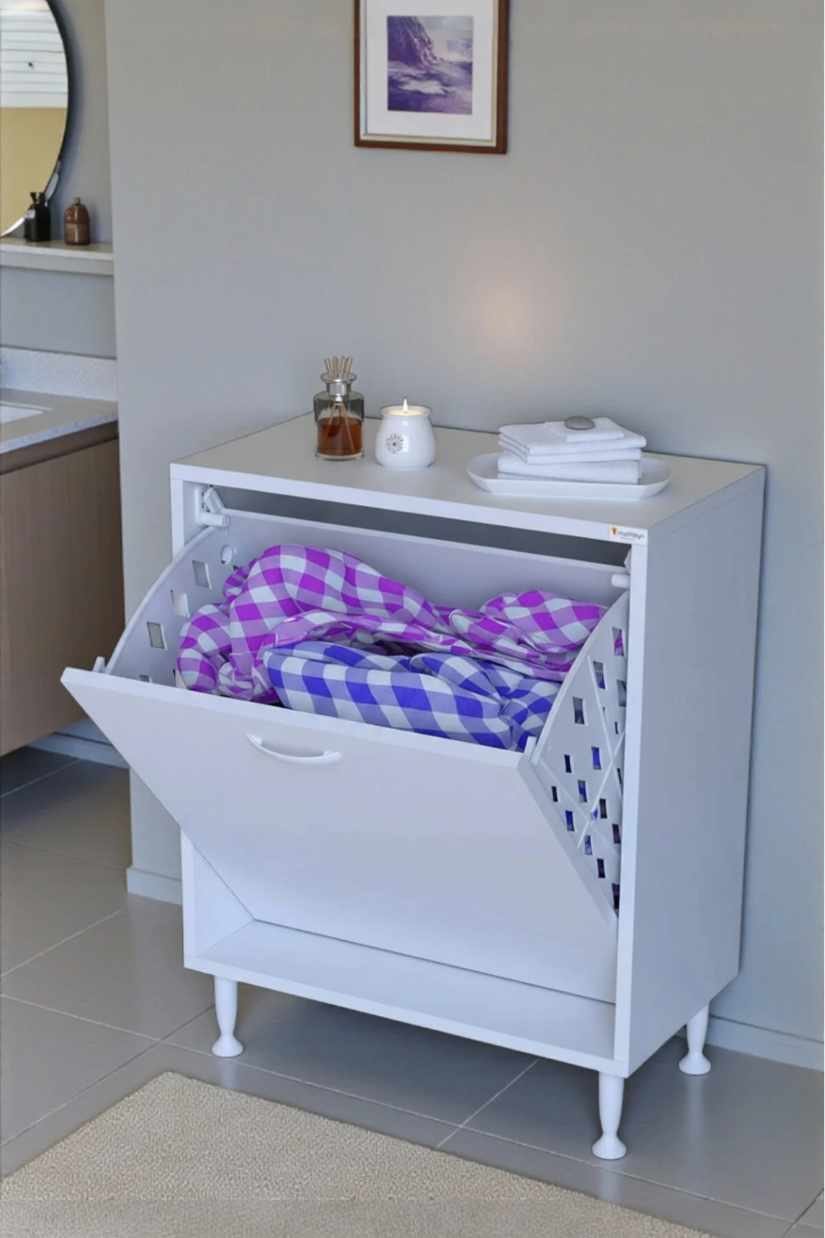Sare 55 cm Beyaz Sepetli Banyo Dolabı,Mutfak Dolabı 55x75x32,5 cm