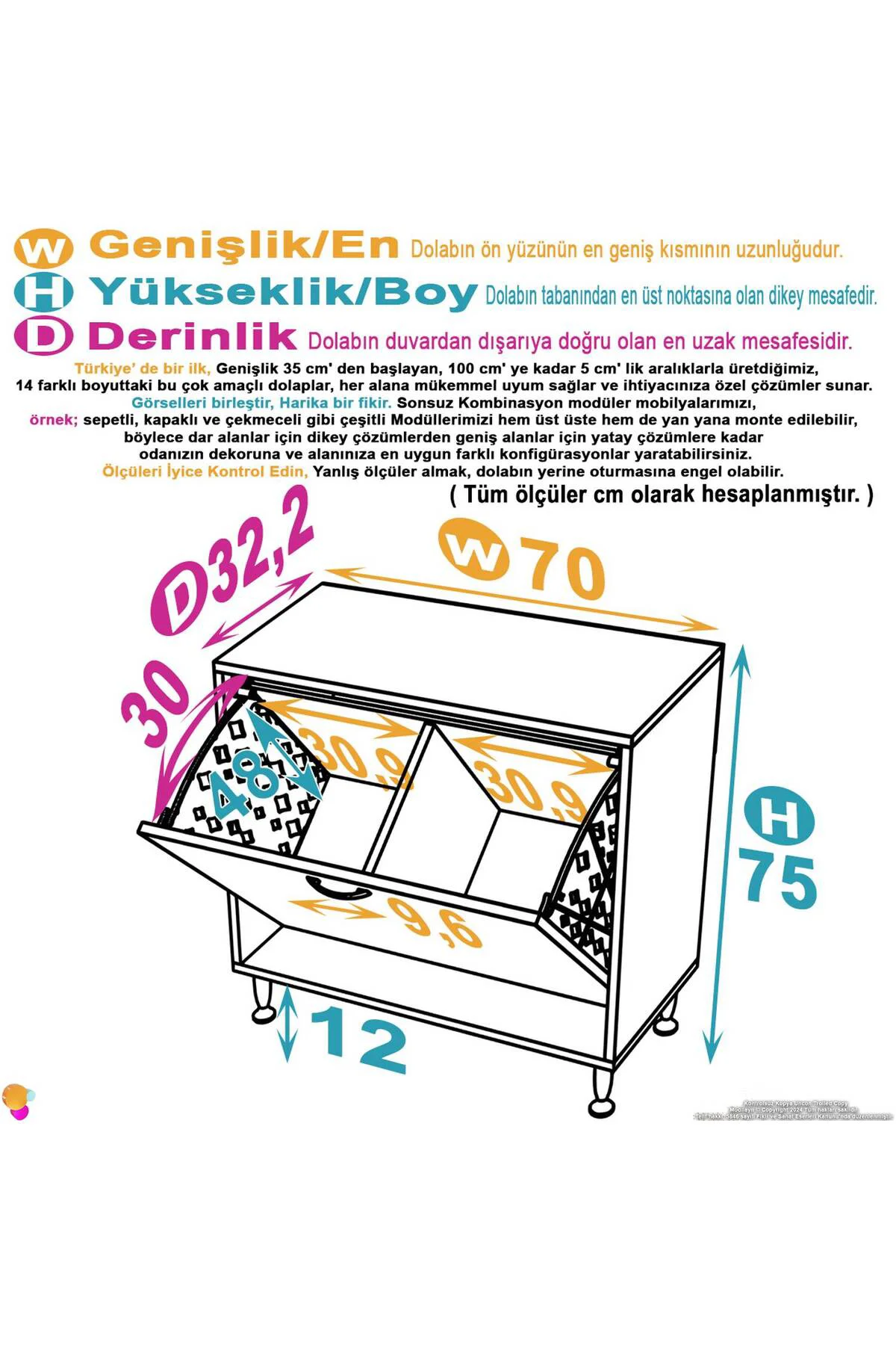 Sare 70 cm Beyaz Sepetli Banyo Dolabı,Mutfak Dolabı 70x75x32,5 cm