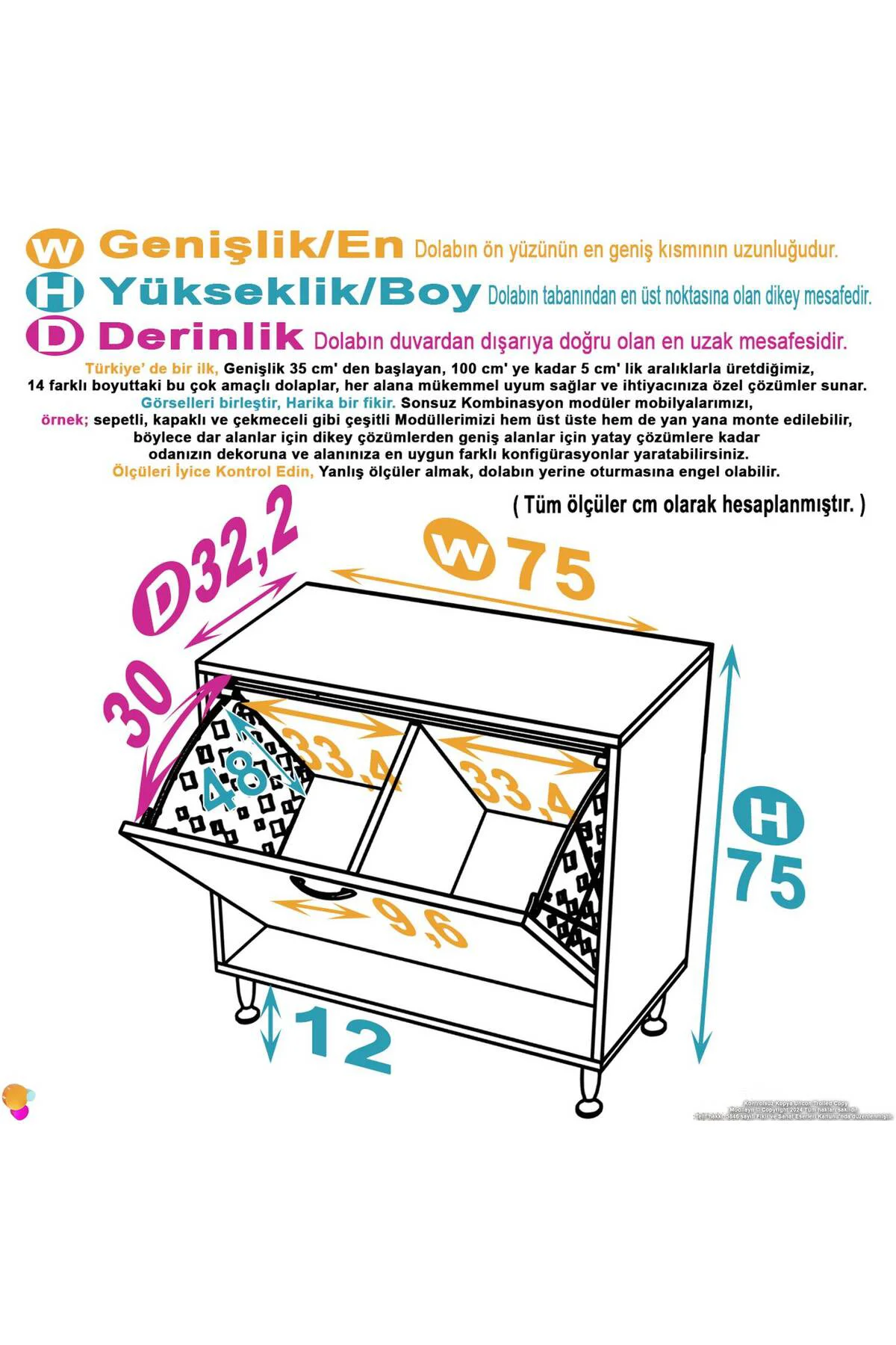 Sare 75 cm Beyaz Sepetli Banyo Dolabı,Mutfak Dolabı 75x75x32,5 cm