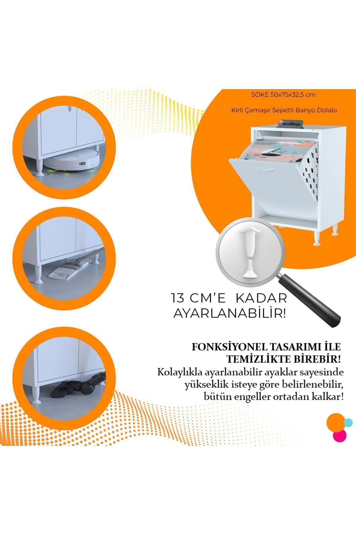 Sare Kirli Çamaşır Sepetli Banyo Dolabı 45 X 75 X 32,5 Cm Beyaz D