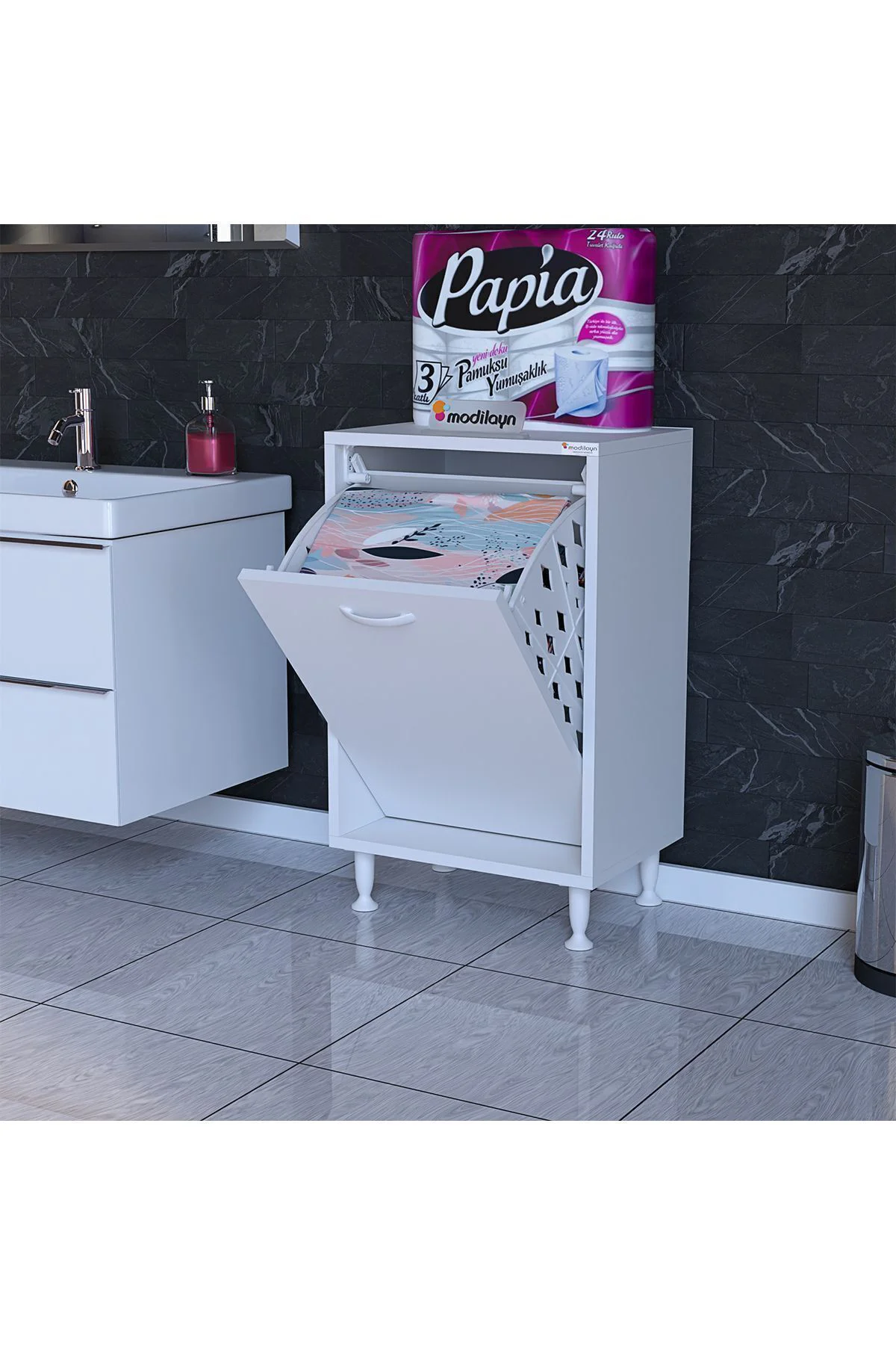 Sare Kirli Çamaşır Sepetli Banyo Dolabı 45 X 75 X 32,5 Cm Beyaz D