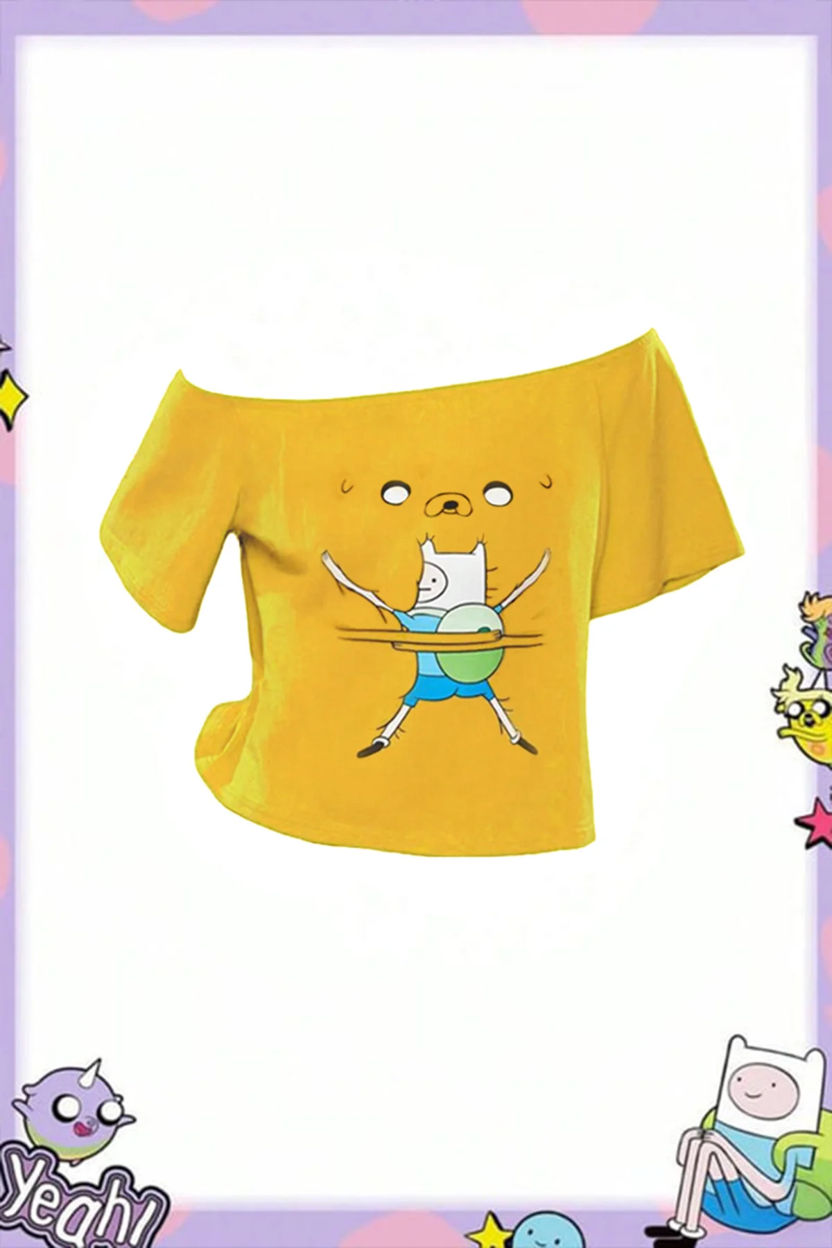 Sarı Adventure Time Finn and Jack Omuz Dekolteli Y2K Kısa Crop Sarı Adventure Time Finn and Jack Omuz Dekolteli Y2K Kısa Crop