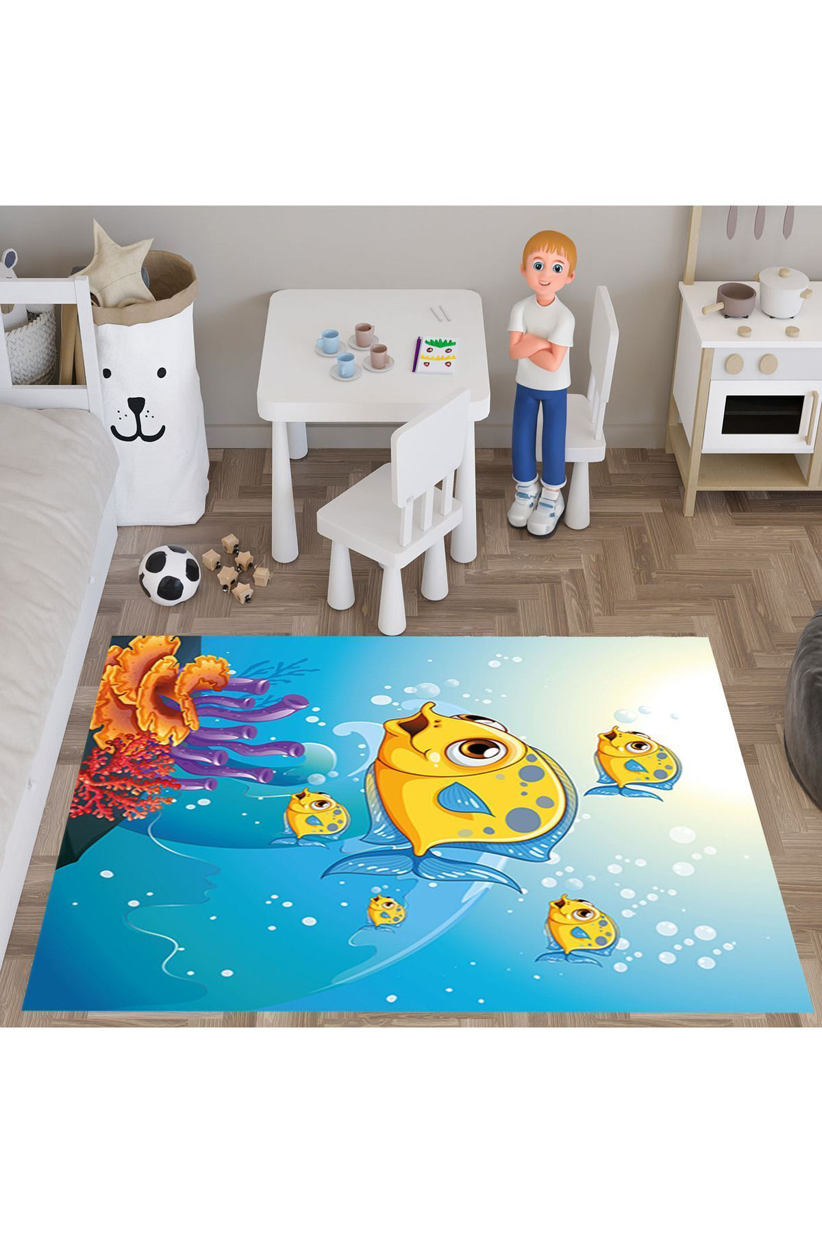 Evan Home Sari Balikdesenli Çocuk Odasi Takim Perde (İki Kanat),Yatak Örtüsü,Yastik,Kirlent ,Hali,Tablo