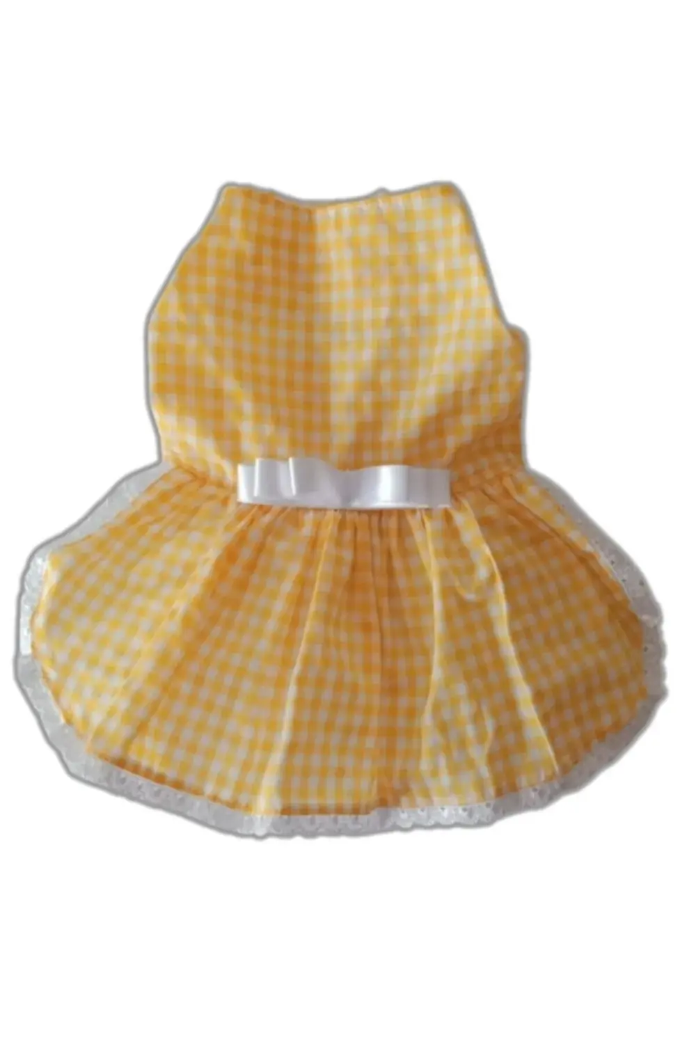 Sarı Beyaz Kareli Fiyonklu Kedi Köpek Kıyafeti Elbisesi XSmall/XS