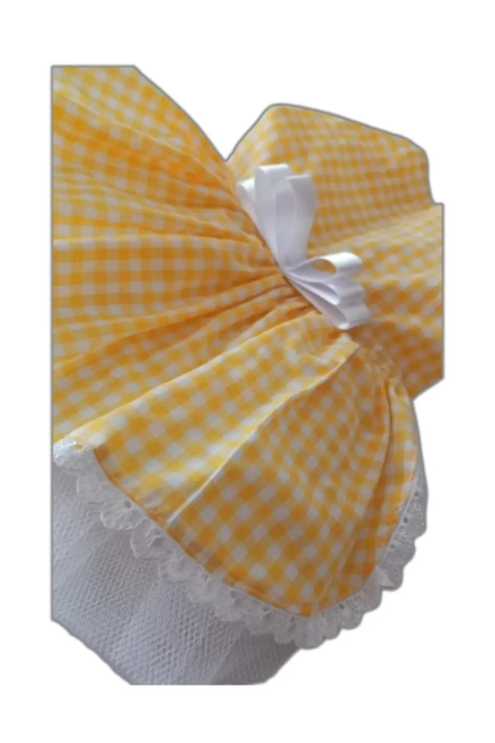 Sarı Beyaz Kareli Fiyonklu Kedi Köpek Kıyafeti Elbisesi Small/S/B