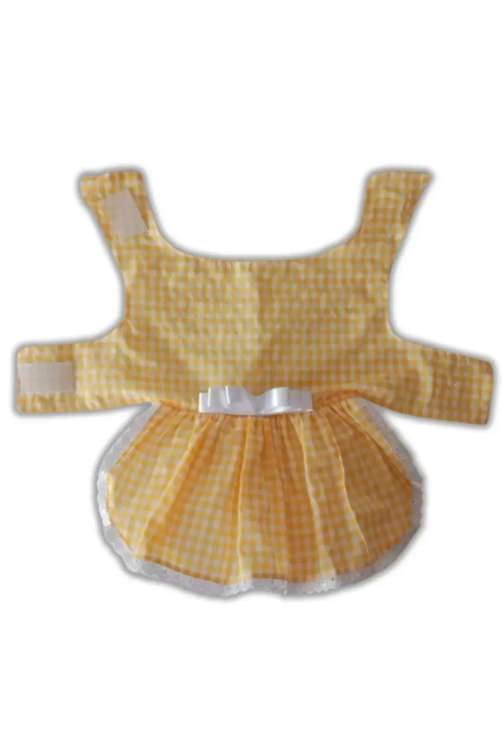 Sarı Beyaz Kareli Fiyonklu Kedi Köpek Kıyafeti Elbisesi Large/L/B