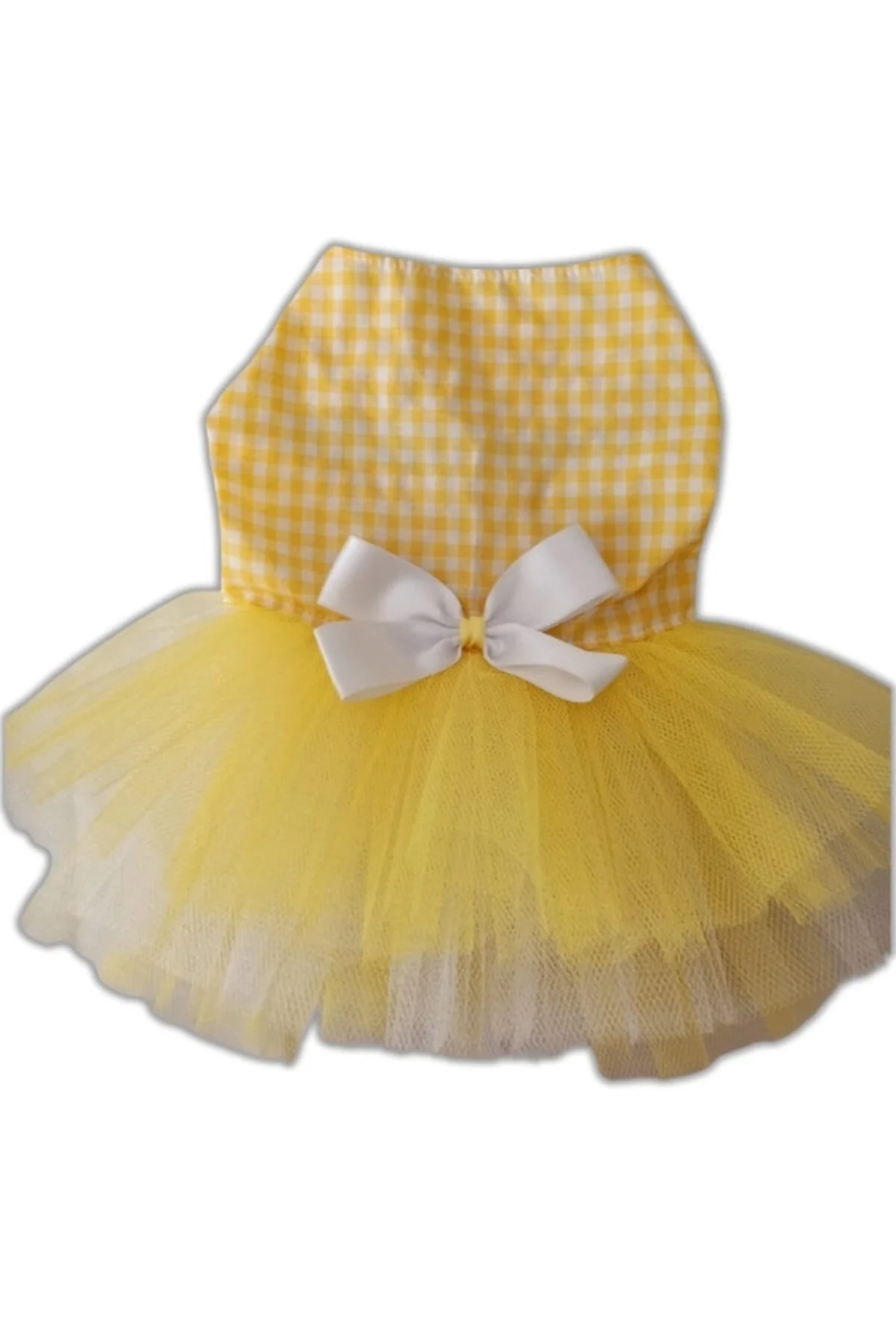 Sarı Beyaz Kareli Tüllü Fiyonklu Kedi Köpek Kıyafeti Elbisesi