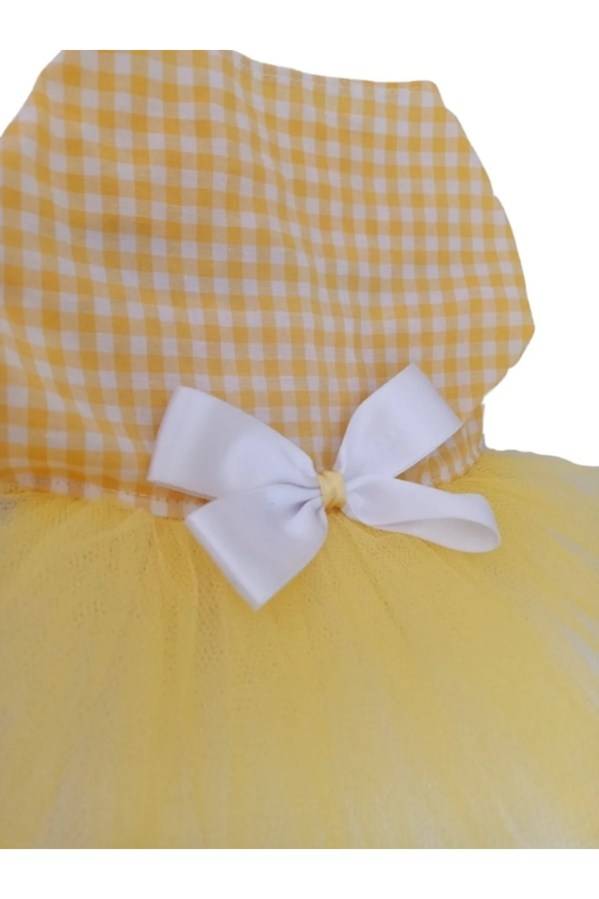 Sarı Beyaz Kareli Tüllü Fiyonklu Kedi Köpek Kıyafeti Elbisesi