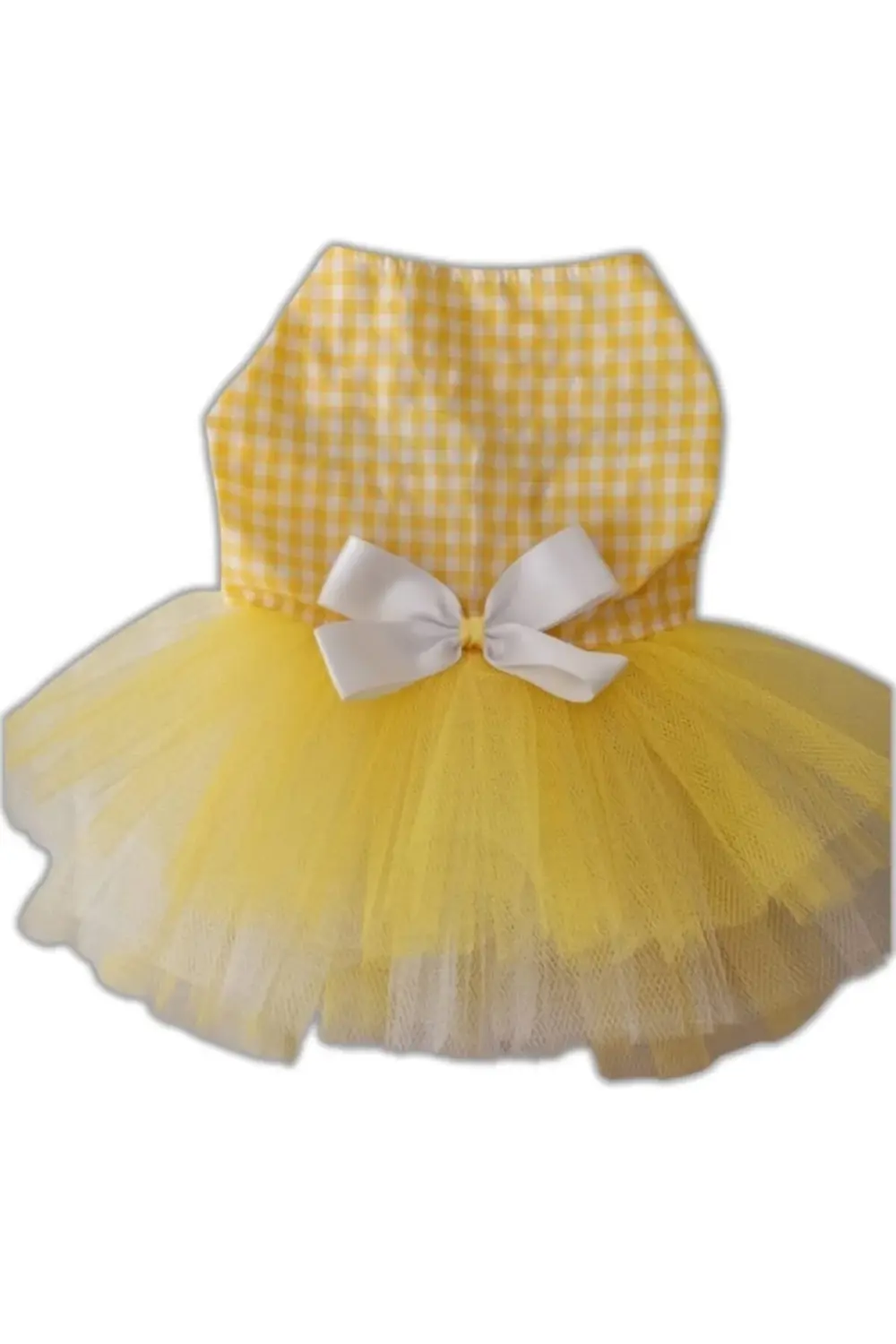 Sarı Beyaz Kareli Tüllü Fiyonklu Kedi Köpek Kıyafeti Elbisesi