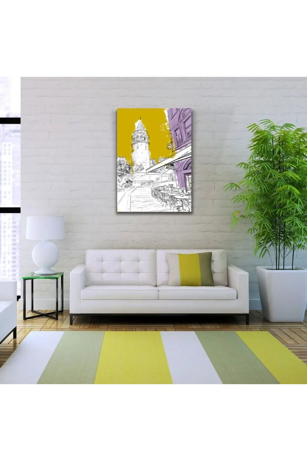 Sarı, Beyaz ve Mor Tonlarda Galata Kulesi ve kafe Görseli Kanvas Tablo 50 x 70 Fiyatı, Yorumları ve Özellikleri