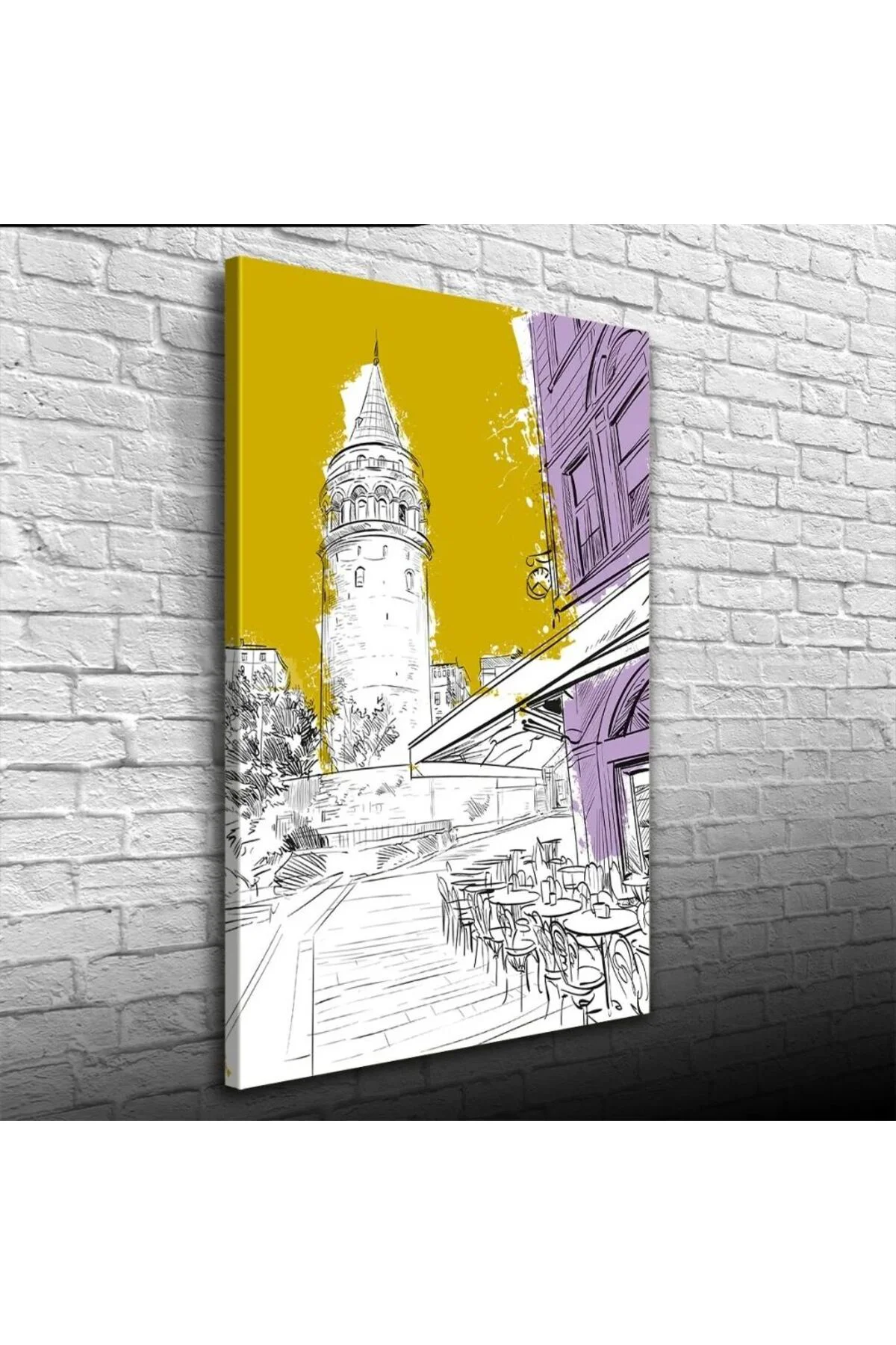 Sarı, Beyaz ve Mor Tonlarda Galata Kulesi ve kafe Görseli Kanvas Tablo 50 x 70 Fiyatı, Yorumları ve Özellikleri