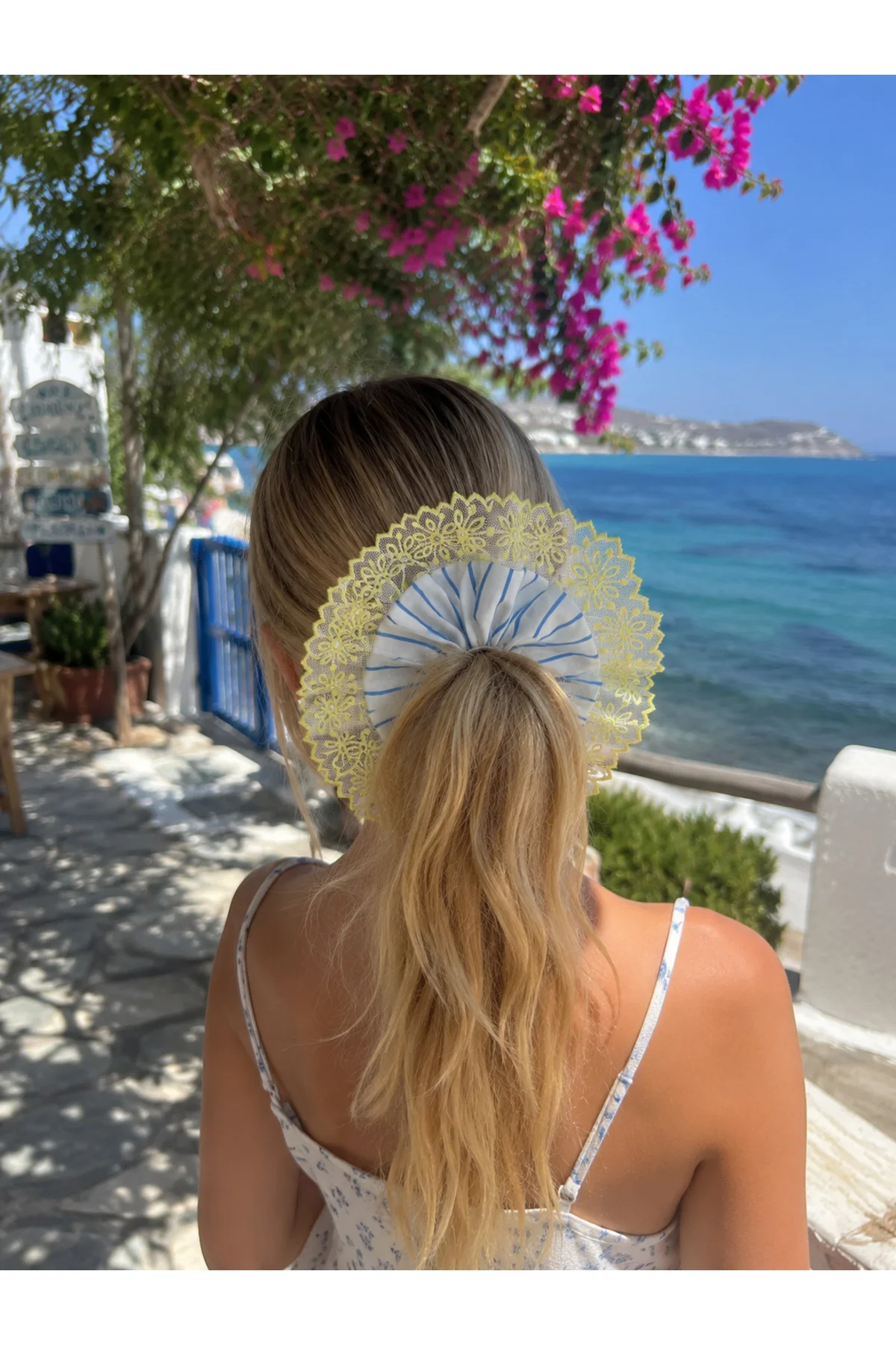Sarı Dantel Fırfır Detaylı Mavi Çizgili Beyaz Scrunchie Lastikli Toka