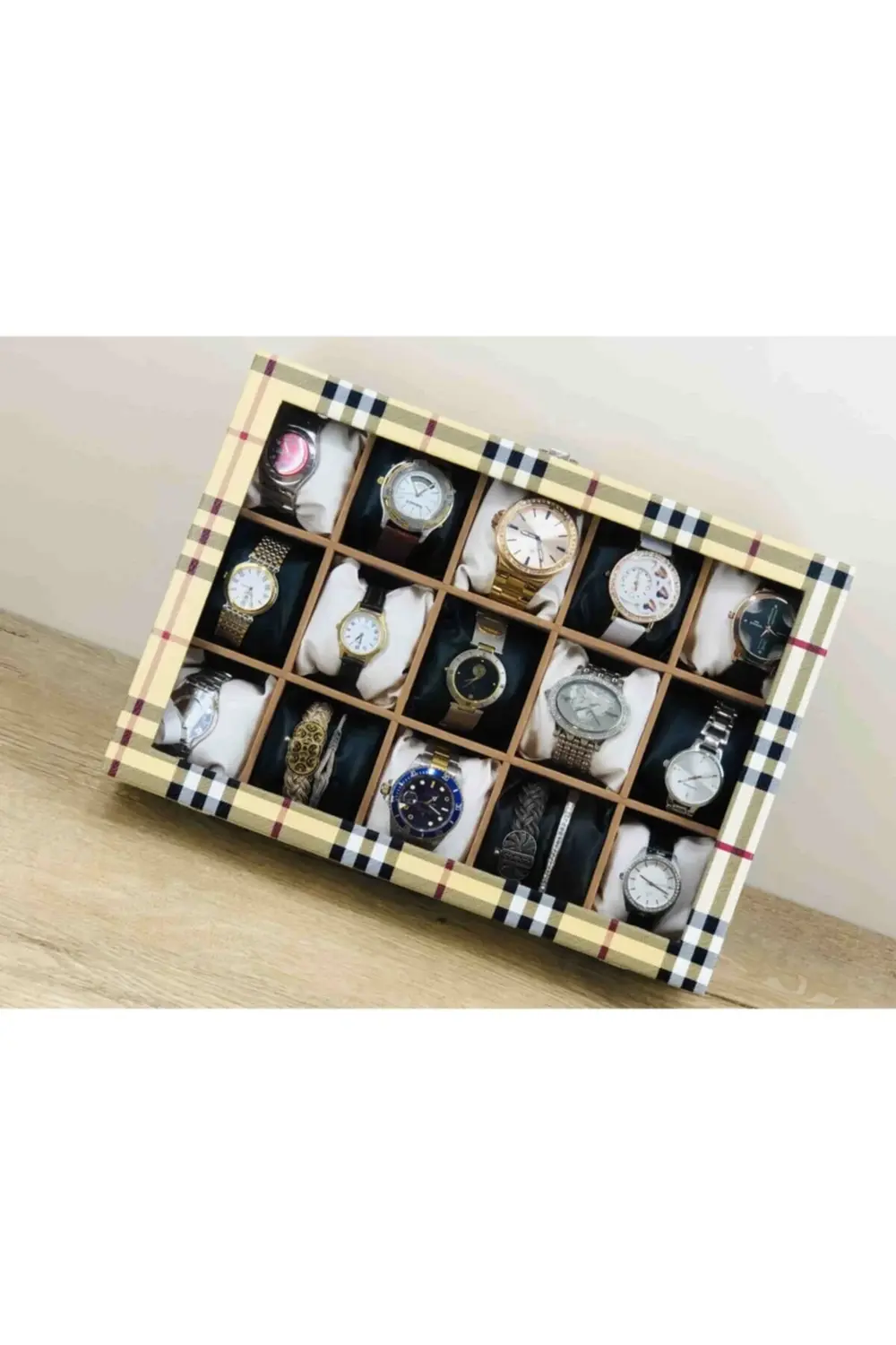 Sarı Ekoseli Bayanlara Özel Modern Dekoratif Cam Kapak Yastıklı K