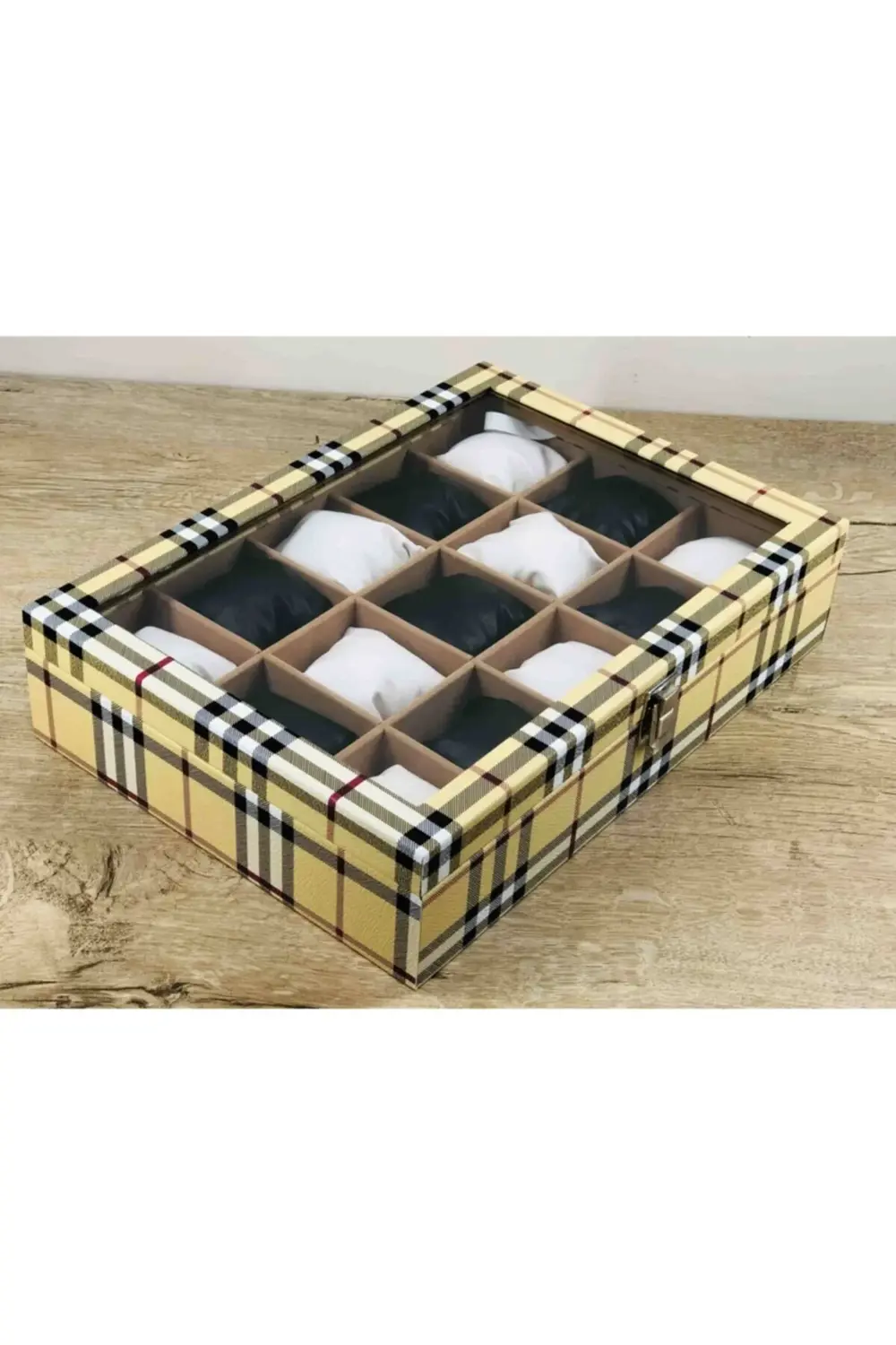 Sarı Ekoseli Bayanlara Özel Modern Dekoratif Cam Kapak Yastıklı K