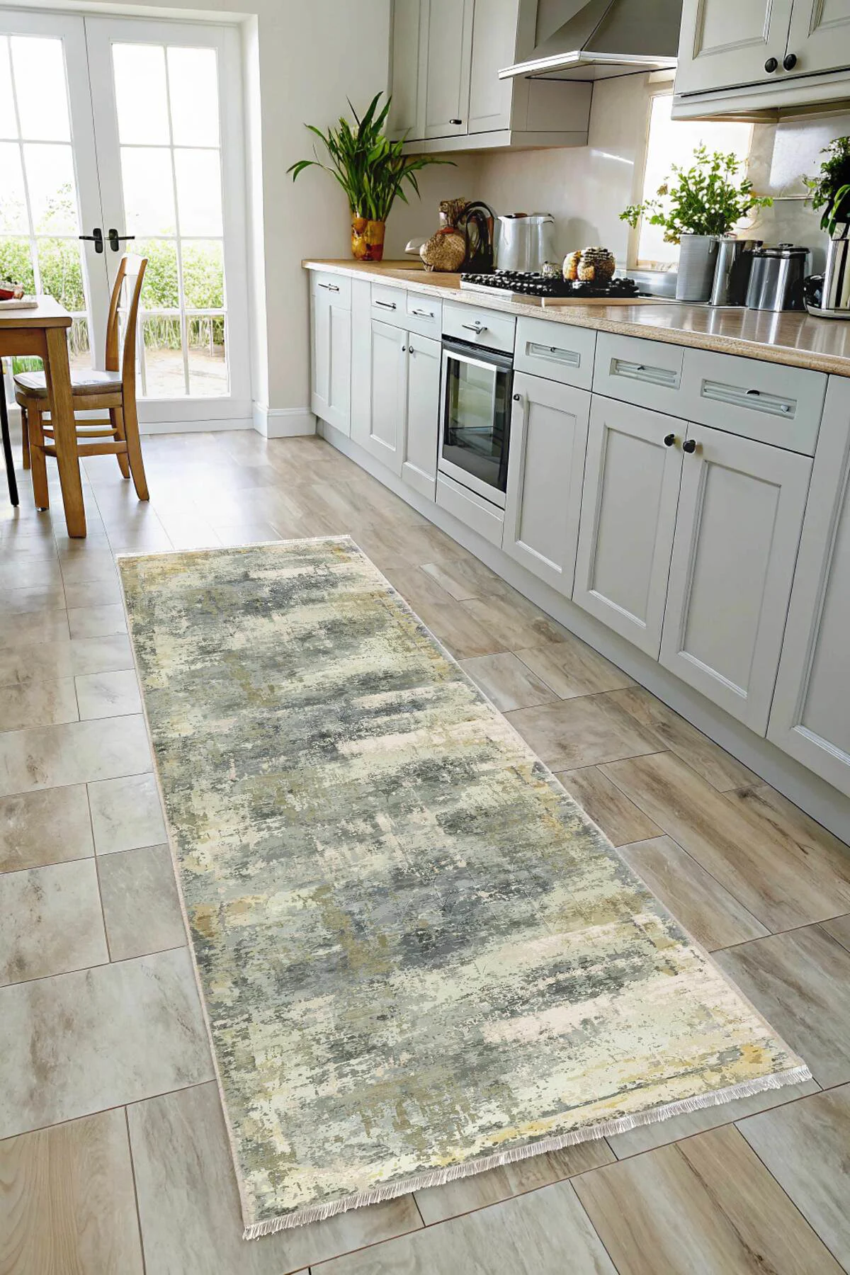 Sarı Gri Abstract Şönil Halı Kilim Yolluk Kaymaz Yıkanabilir Saça