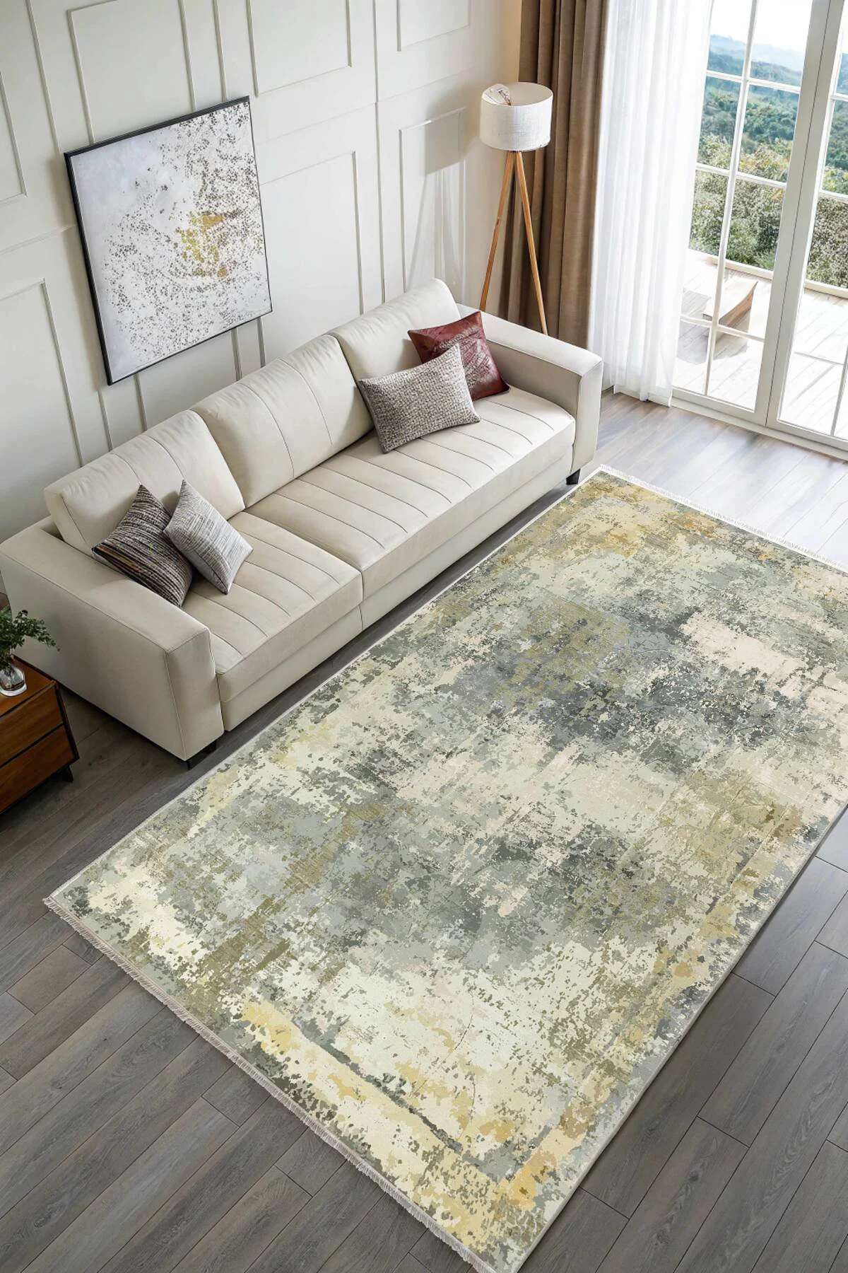 Sarı Gri Abstract Şönil Halı Kilim Yolluk Kaymaz Yıkanabilir Saça
