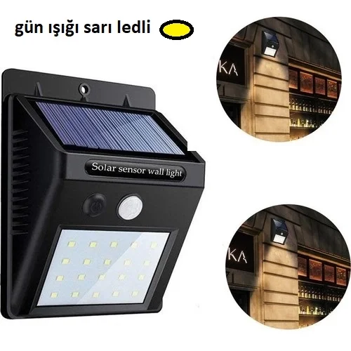 Sarı Gün Işıklı Solar Lamba - 20 LED - Dış Mekan Duvar Tipi Fiyatı, Yorumları ve Özellikleri
