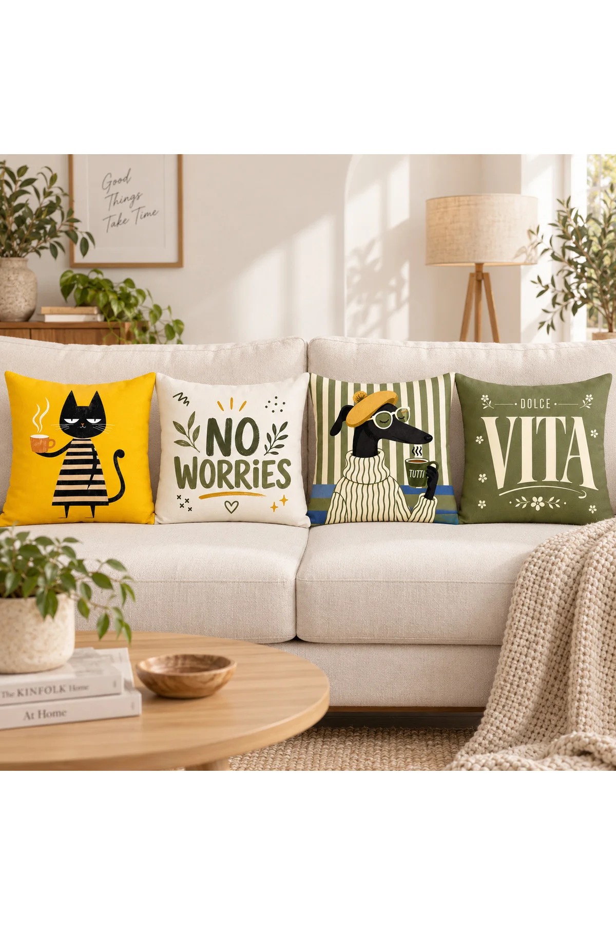 Sarı Haki Retro Yazılı Modern Dekoratif 4’lü Kedi Köpek Desenli Kırlent Kılıfı Seti