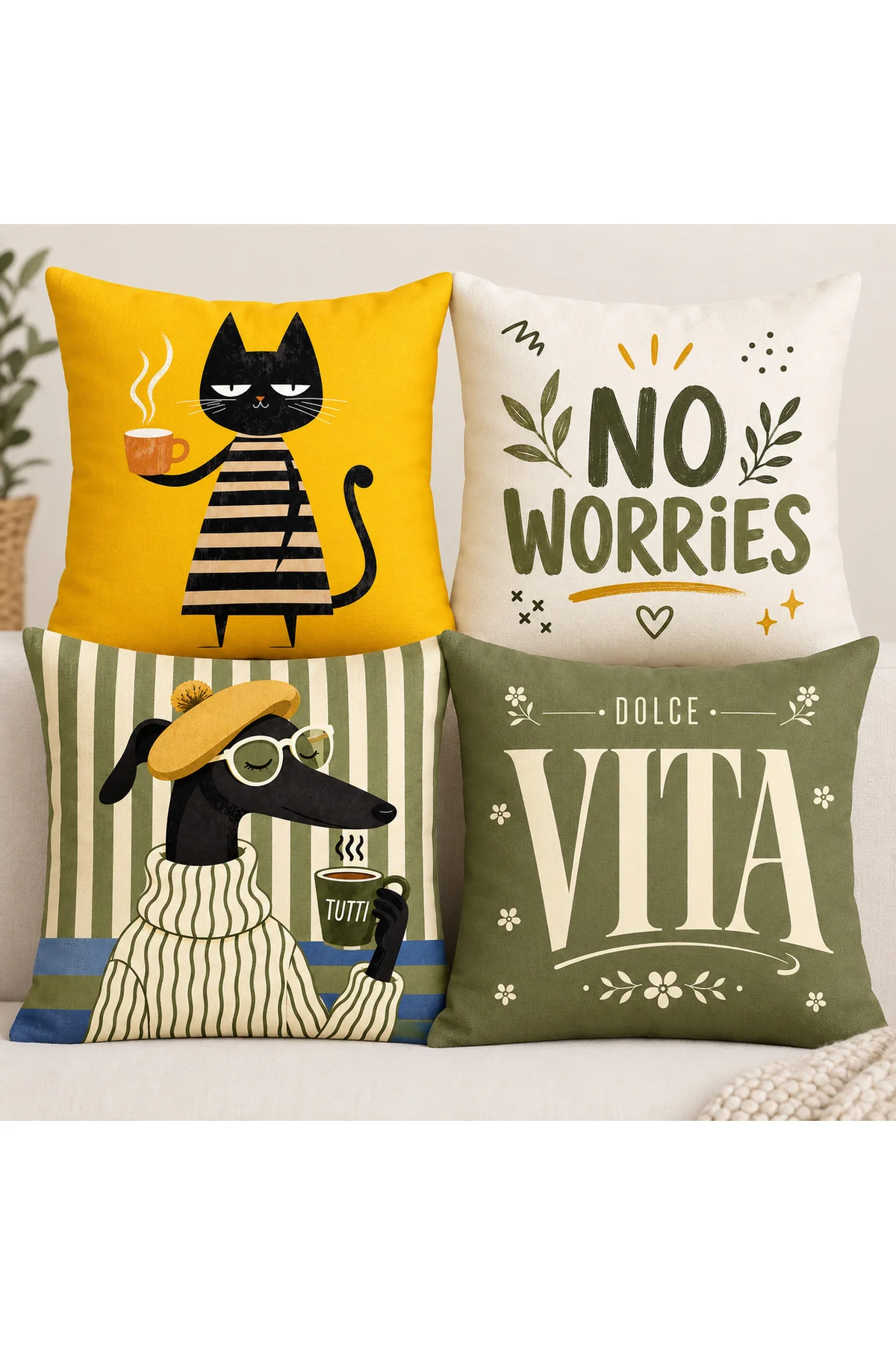 Sarı Haki Retro Yazılı Modern Dekoratif 4’lü Kedi Köpek Desenli Kırlent Kılıfı Seti
