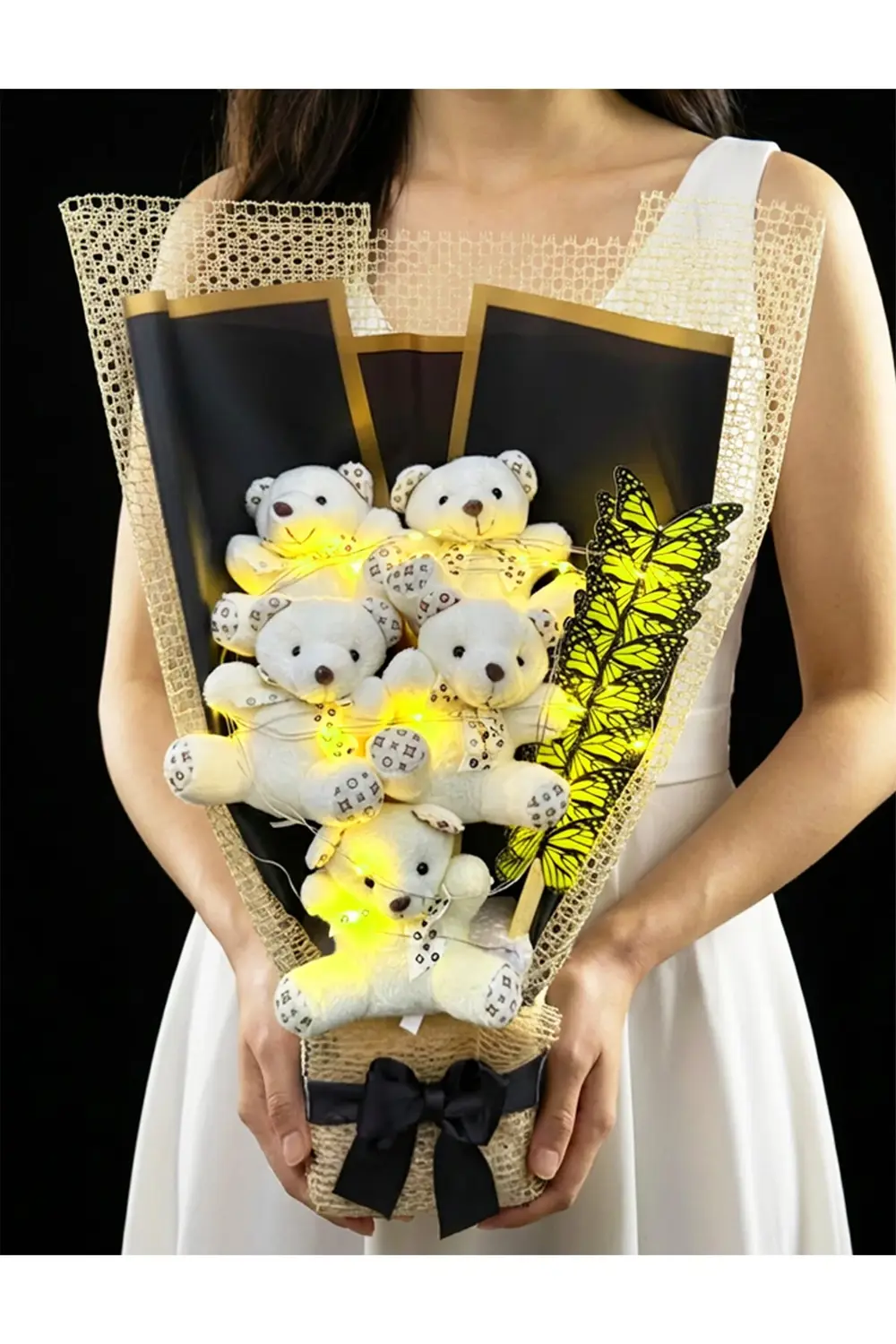 Sarı Işıklı Kelebekli Ayıcık Buketi - Sevgiliye Hediye - Dogum Gu