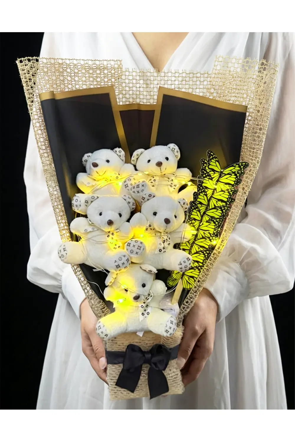 Sarı Işıklı Kelebekli Ayıcık Buketi - Sevgiliye Hediye - Dogum Gu