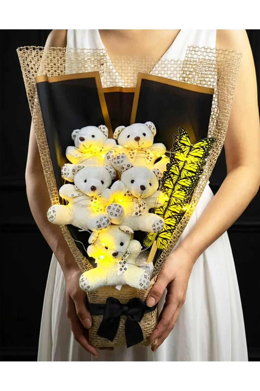 Sarı Işıklı Kelebekli Ayıcık Buketi - Sevgiliye Hediye - Dogum Gu