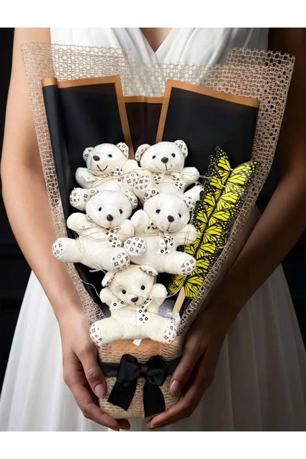 Sarı Işıklı Kelebekli Ayıcık Buketi - Sevgiliye Hediye - Dogum Gu